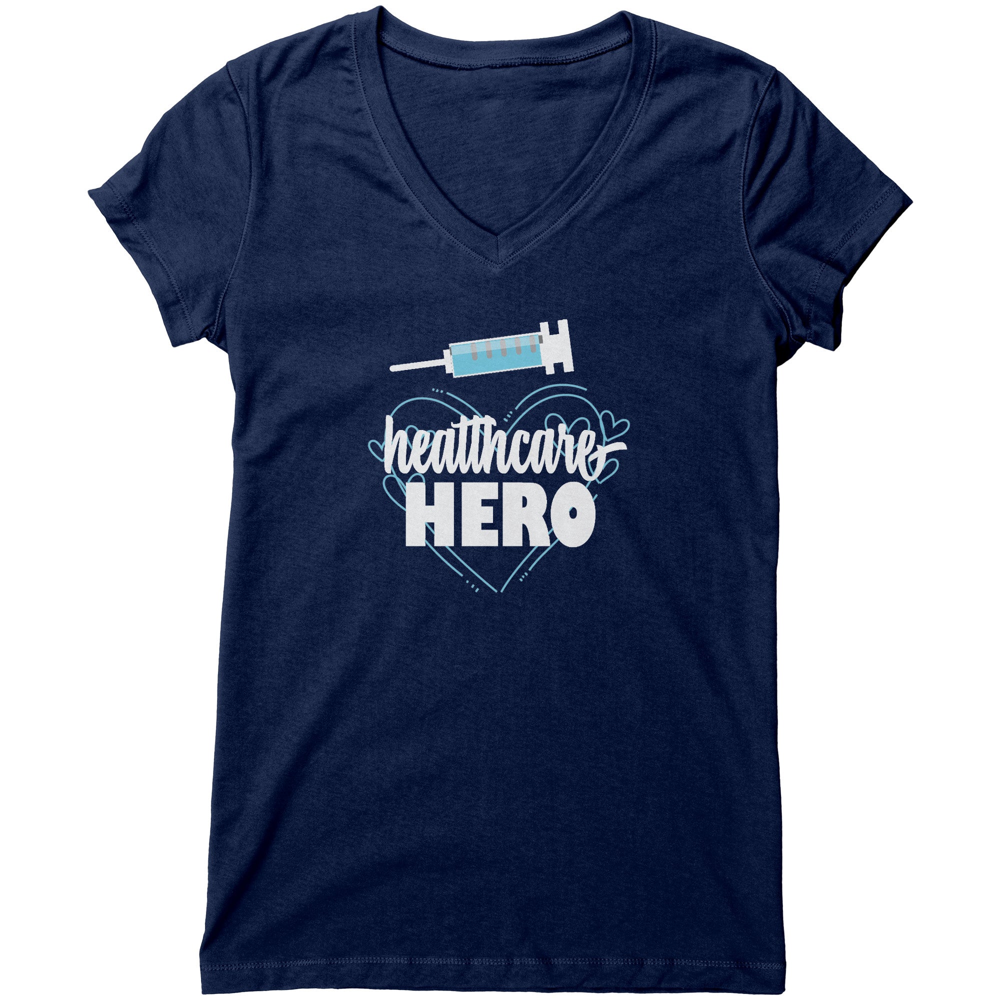 Bella Women's V-Neck T-Shirt - Healthcare Hero with Light Blue Hearts and Needle Design
