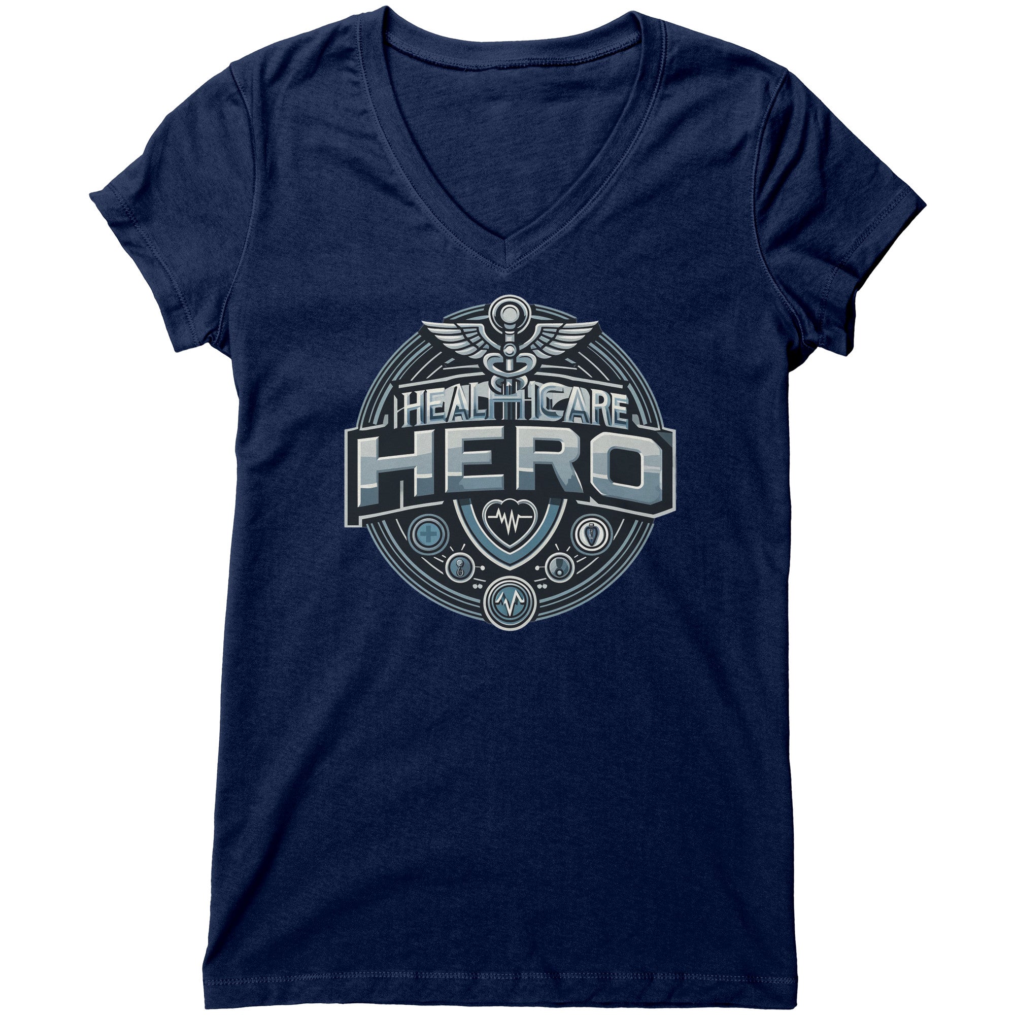 Bella Women's V-Neck T-Shirt - Healthcare Hero with Medical Symbols and Heartbeat Design