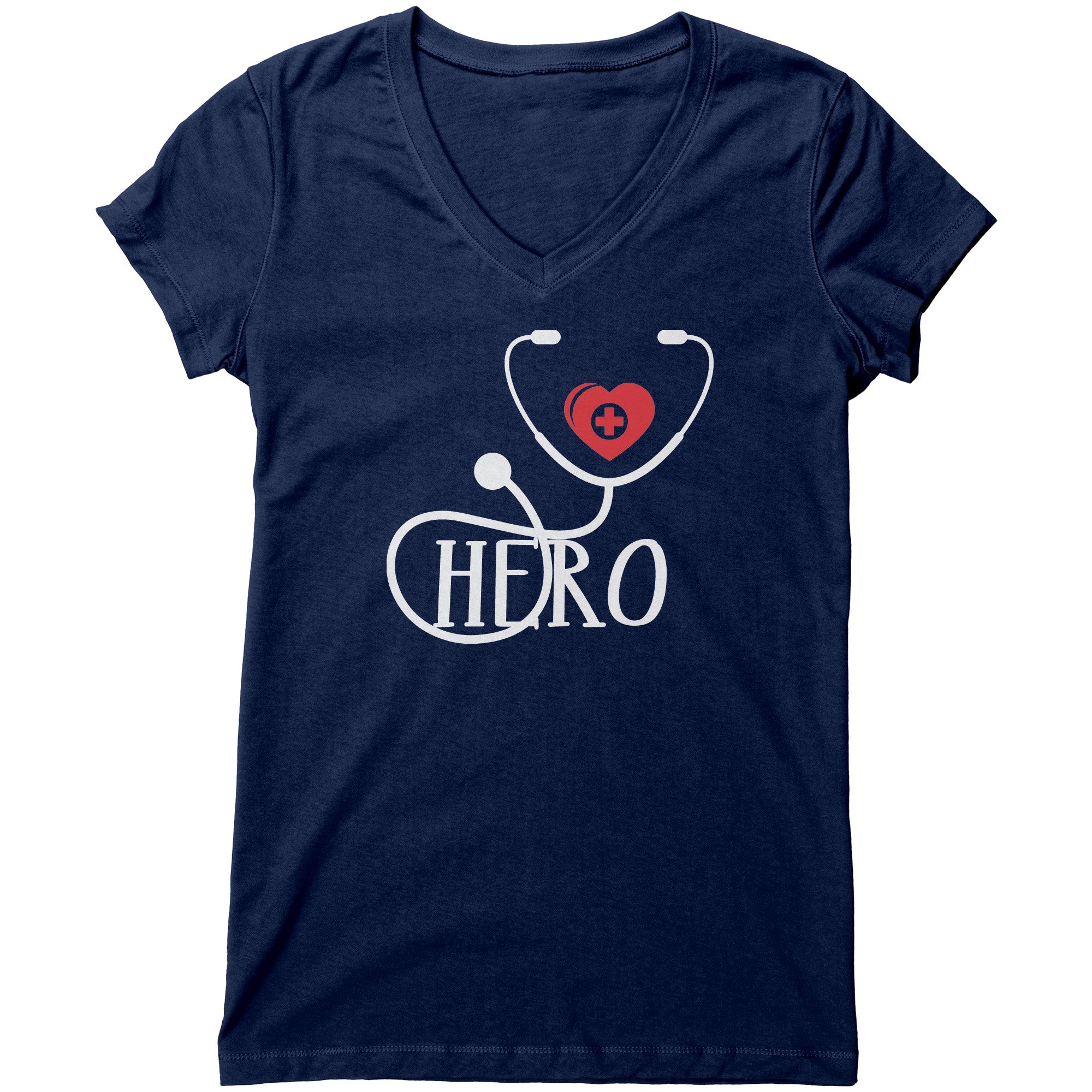 Bella Women's V-Neck T-Shirt - Healthcare Hero with Red Heart and Cross Design