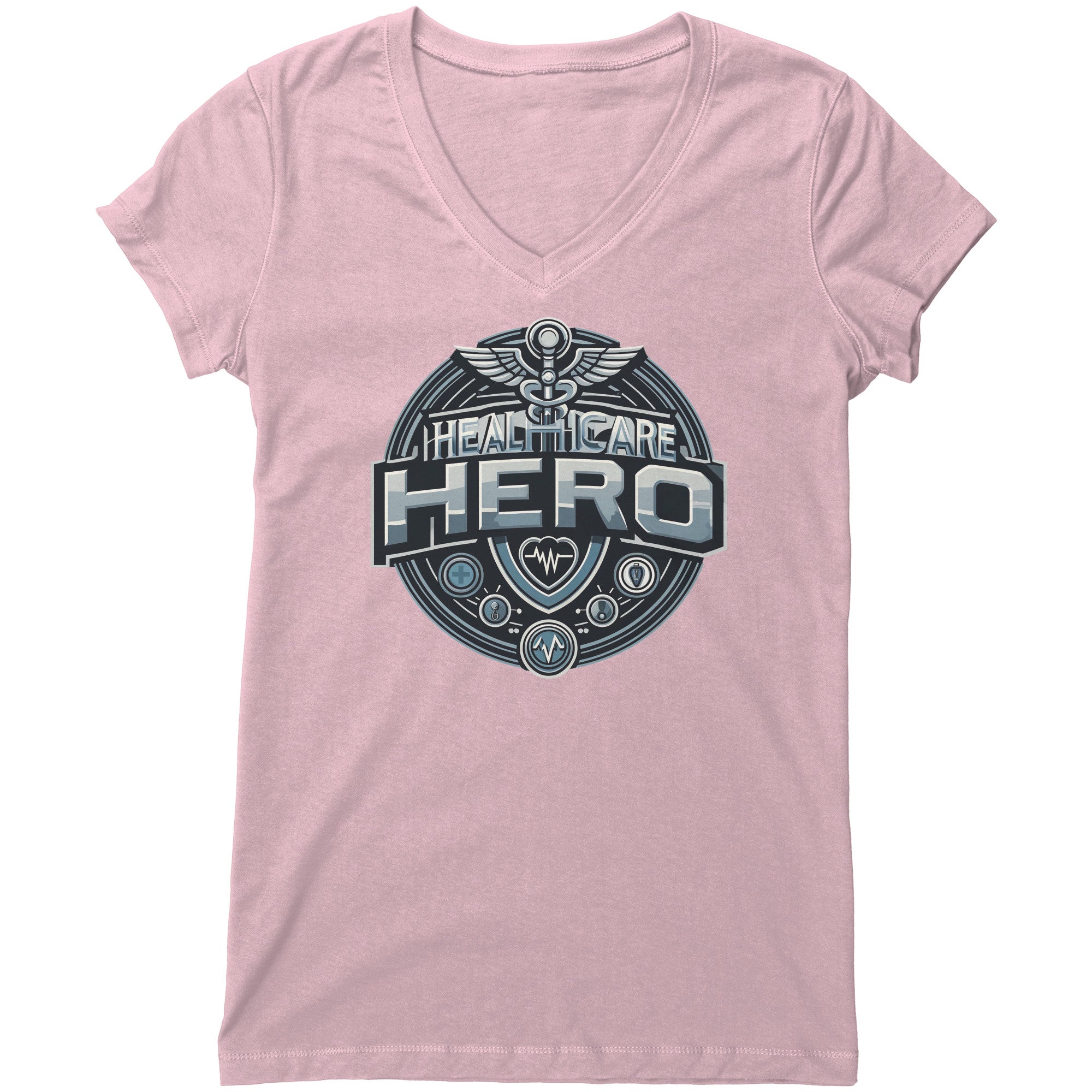 Bella Women's V-Neck T-Shirt - Healthcare Hero with Medical Symbols and Heartbeat Design