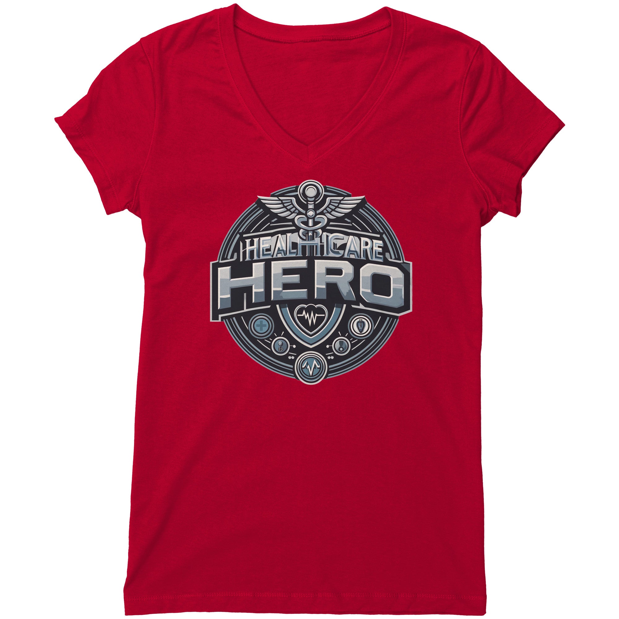 Bella Women's V-Neck T-Shirt - Healthcare Hero with Medical Symbols and Heartbeat Design