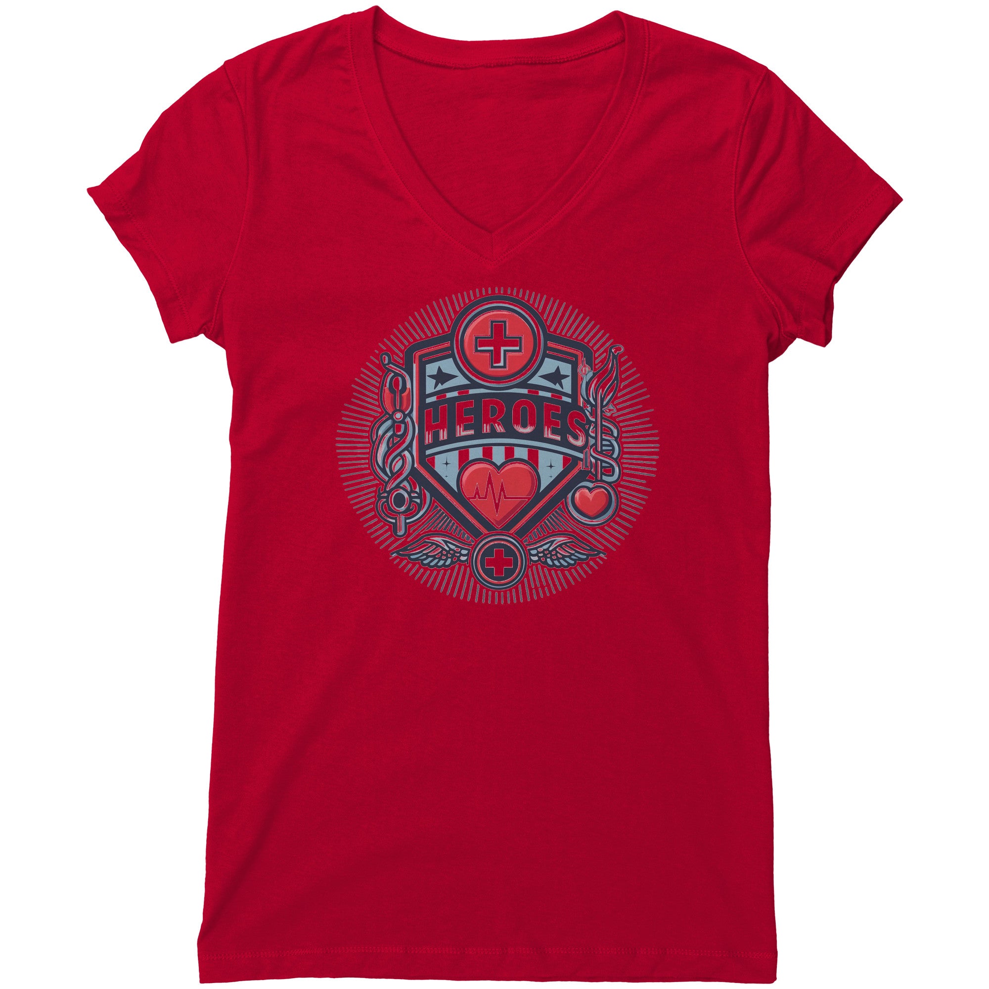 Bella Women's V-Neck T-Shirt - Healthcare Hero with Medical Symbols and Heartbeat Design