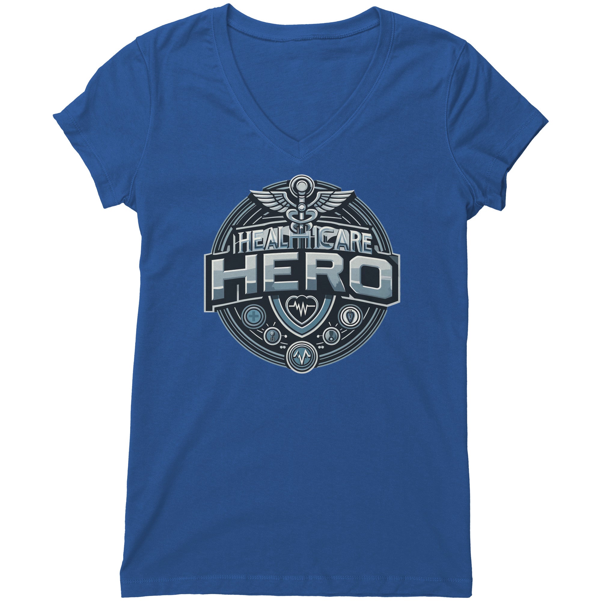 Bella Women's V-Neck T-Shirt - Healthcare Hero with Medical Symbols and Heartbeat Design