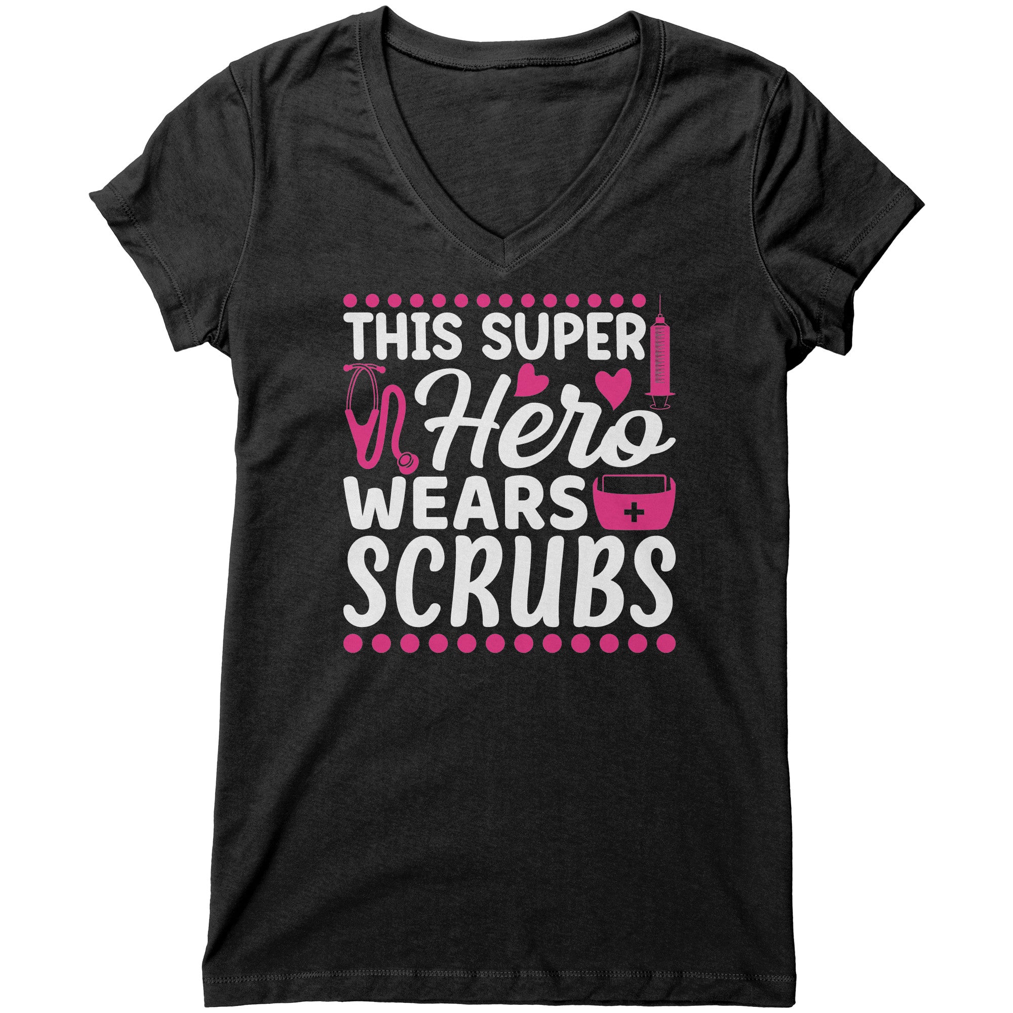 Bella Women's V-Neck T-Shirt - Super Hero Wears Scrubs with Pink Medical Icons