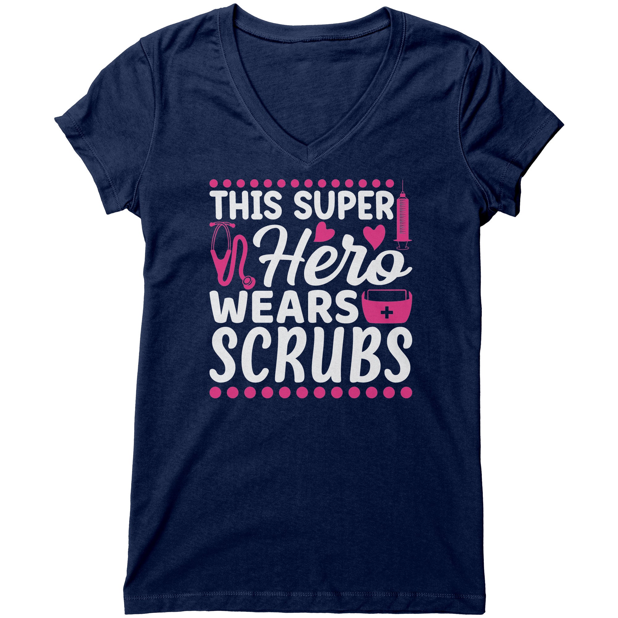 Bella Women's V-Neck T-Shirt - Super Hero Wears Scrubs with Pink Medical Icons