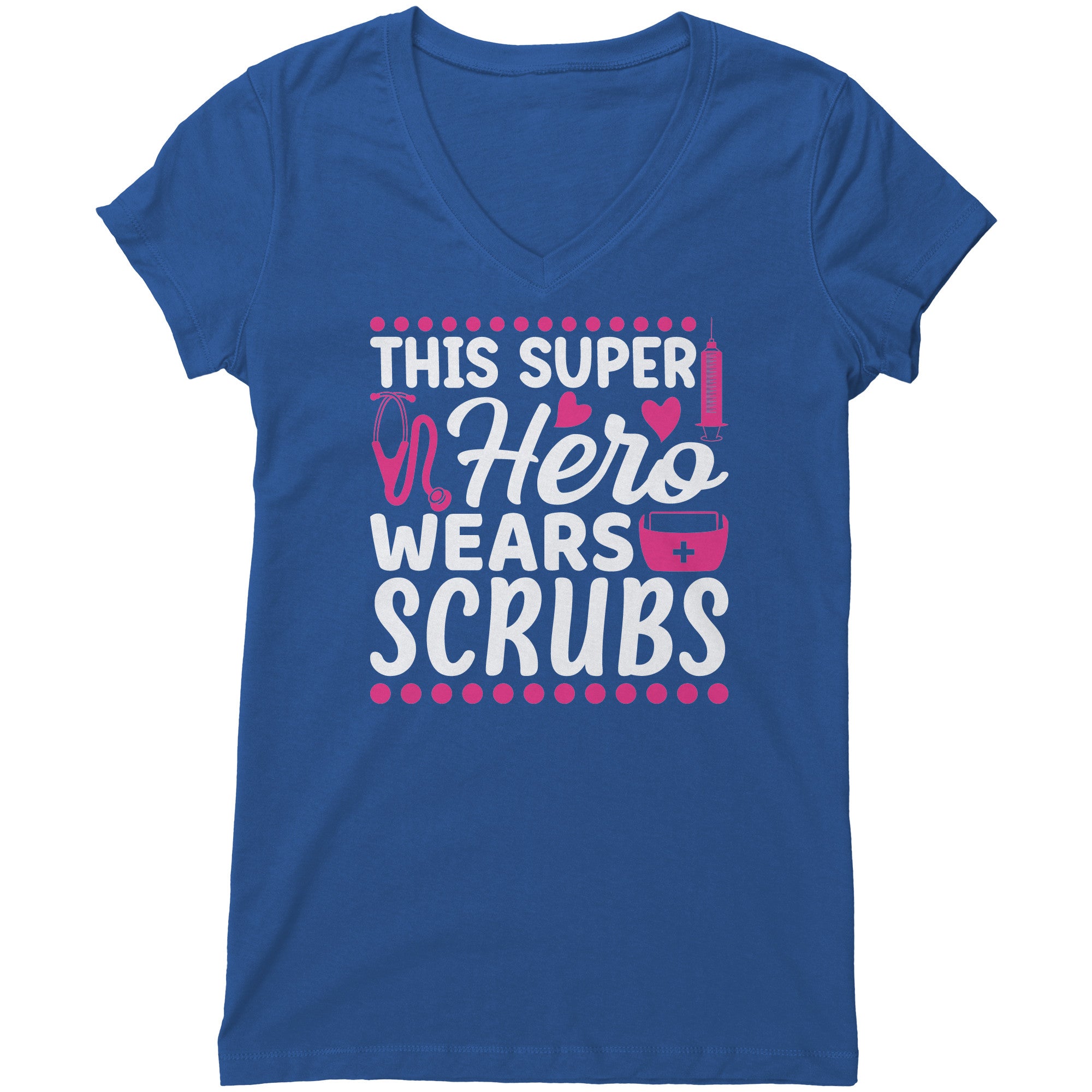 Bella Women's V-Neck T-Shirt - Super Hero Wears Scrubs with Pink Medical Icons