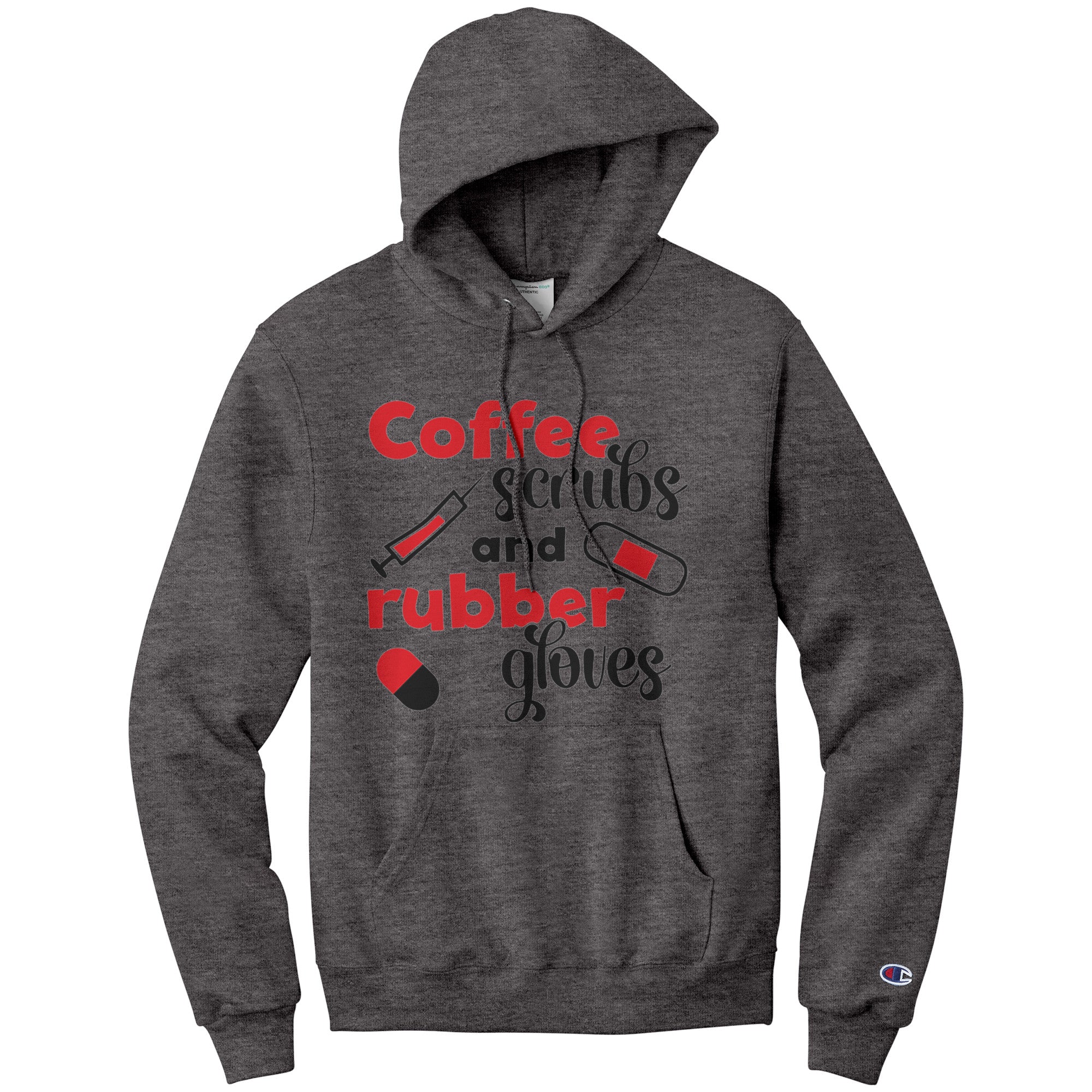 Champion Hoodie - Coffee, Scrubs, and Rubber Gloves with Medical Icons