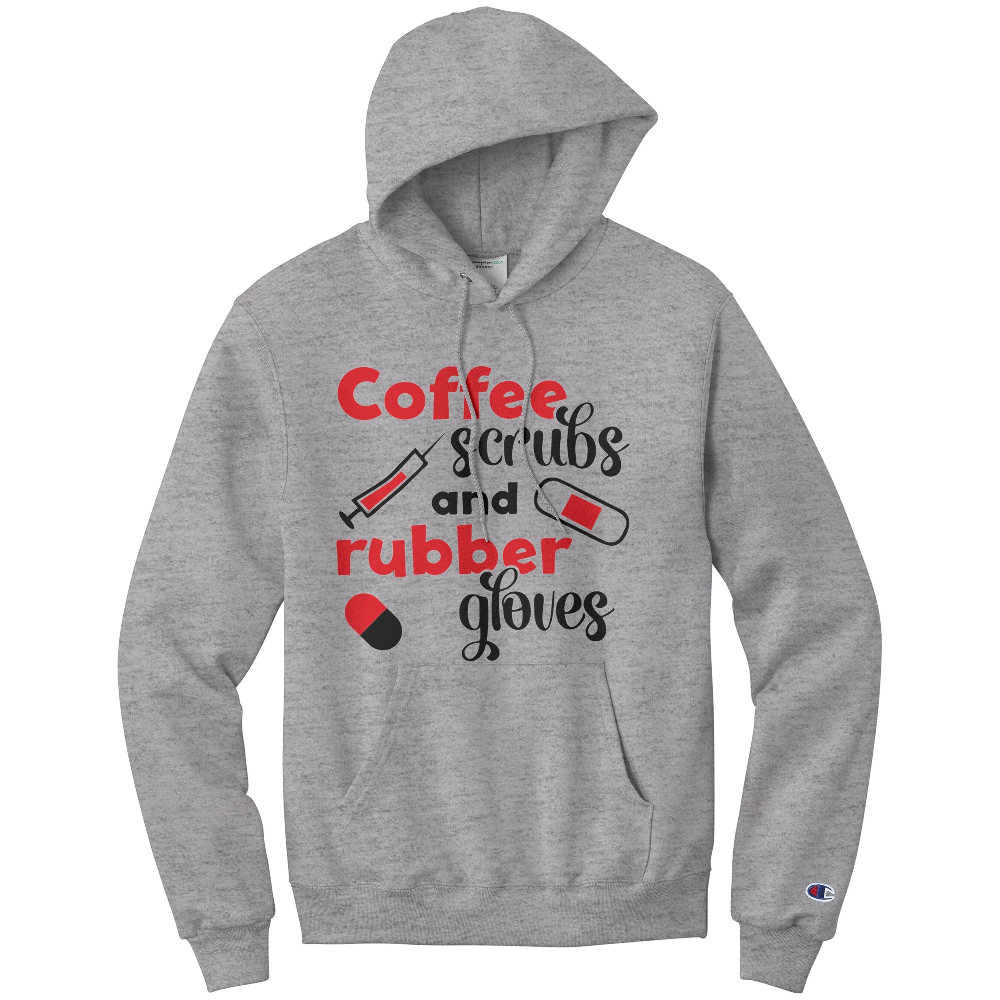Champion Hoodie - Coffee, Scrubs, and Rubber Gloves with Medical Icons