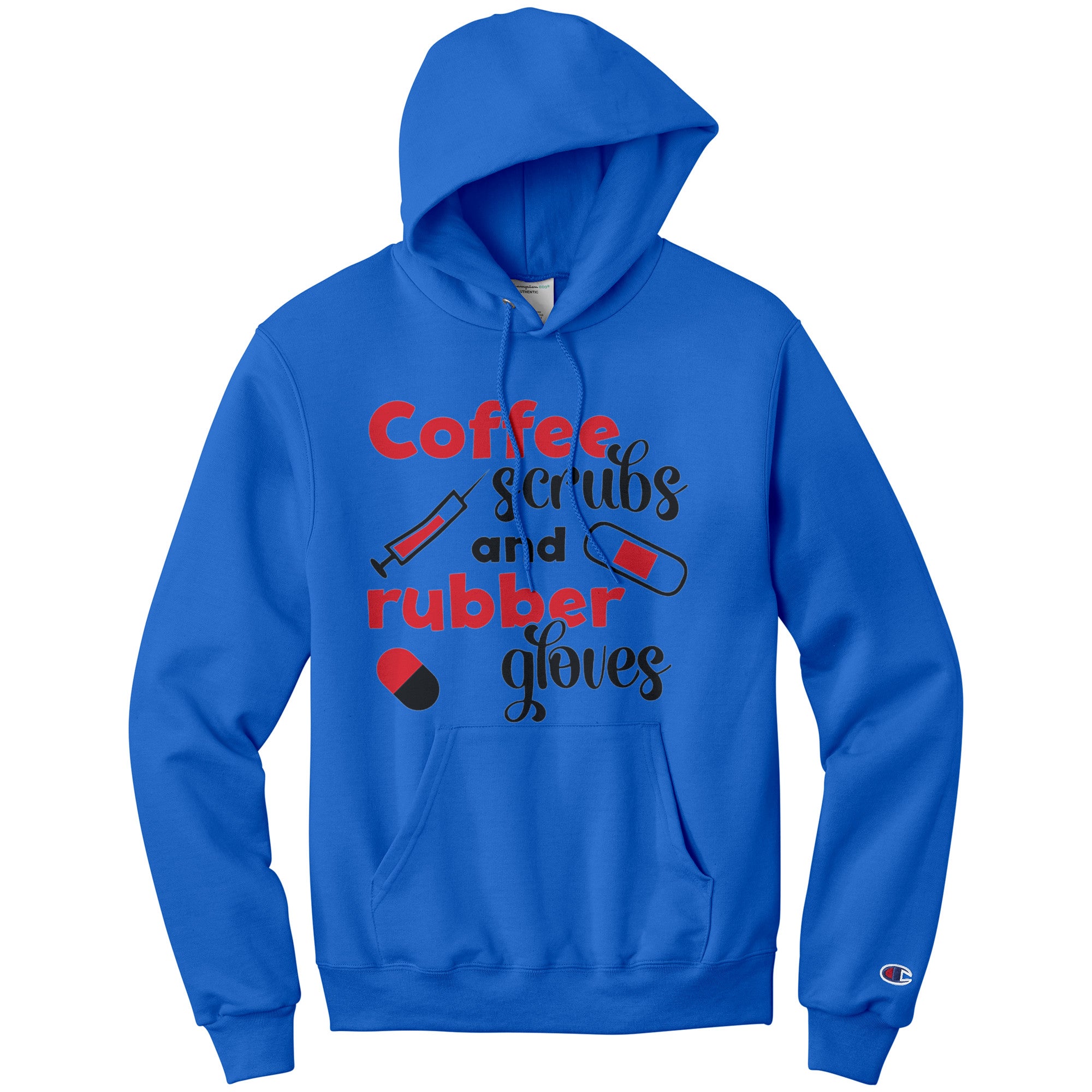 Champion Hoodie - Coffee, Scrubs, and Rubber Gloves with Medical Icons