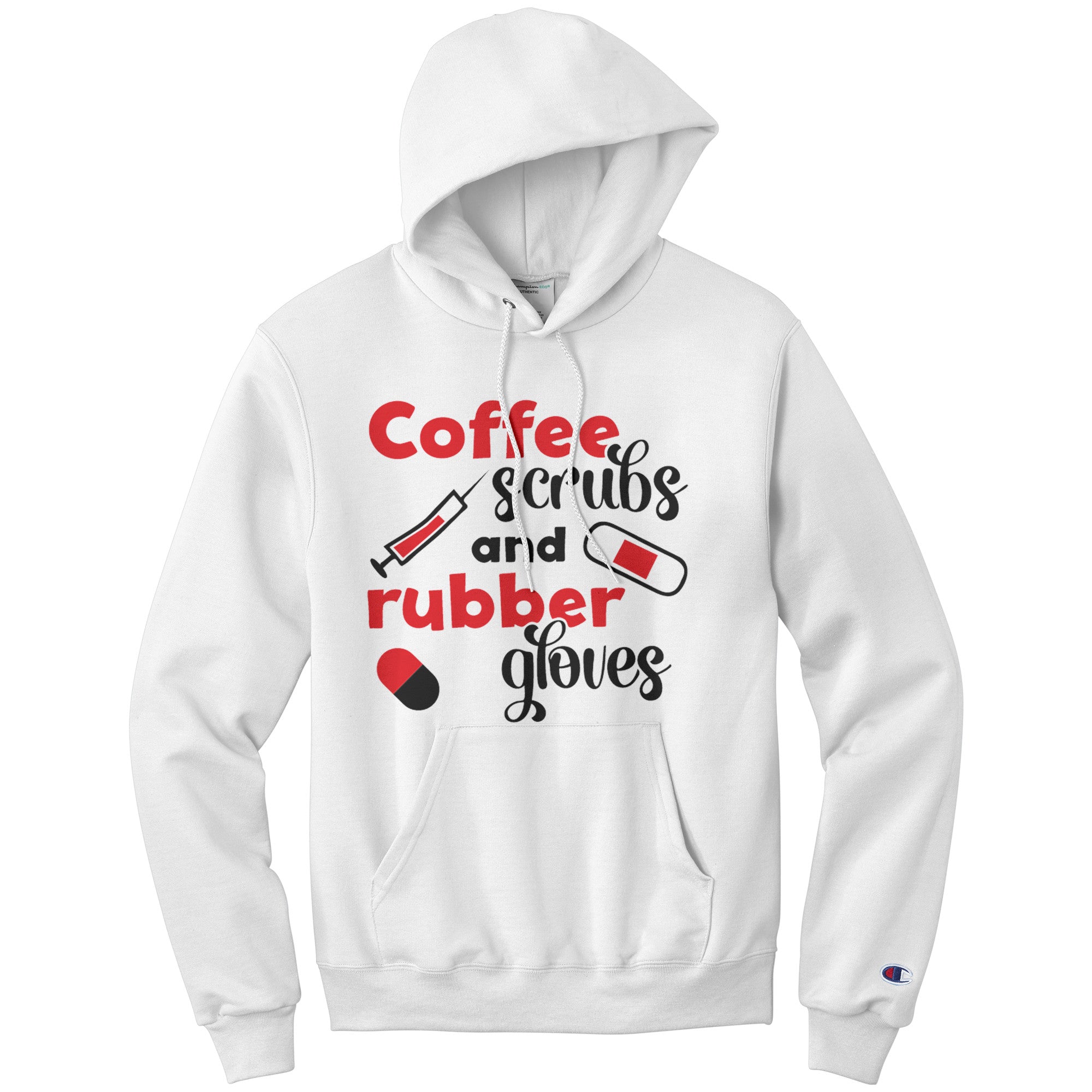 Champion Hoodie - Coffee, Scrubs, and Rubber Gloves with Medical Icons