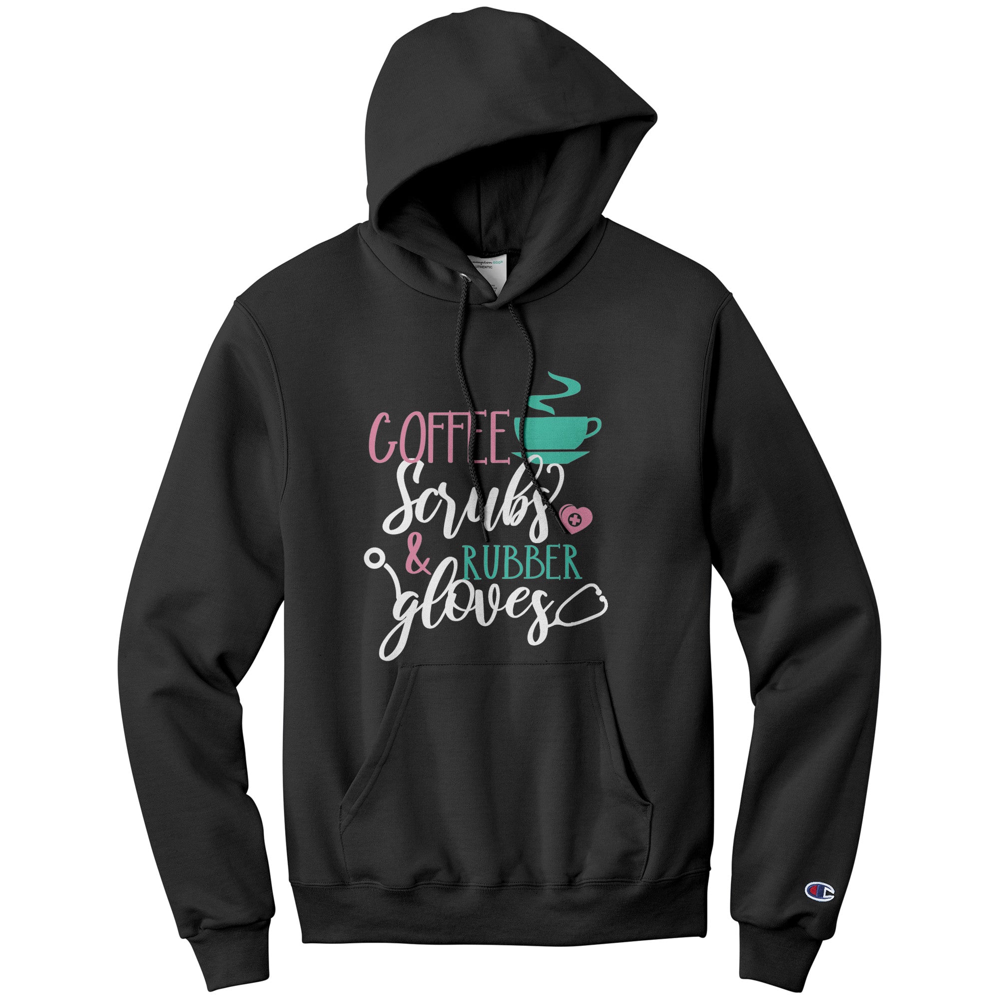 Champion Hoodie - Coffee Scrubs and Rubber Gloves with Cup and Heart Design