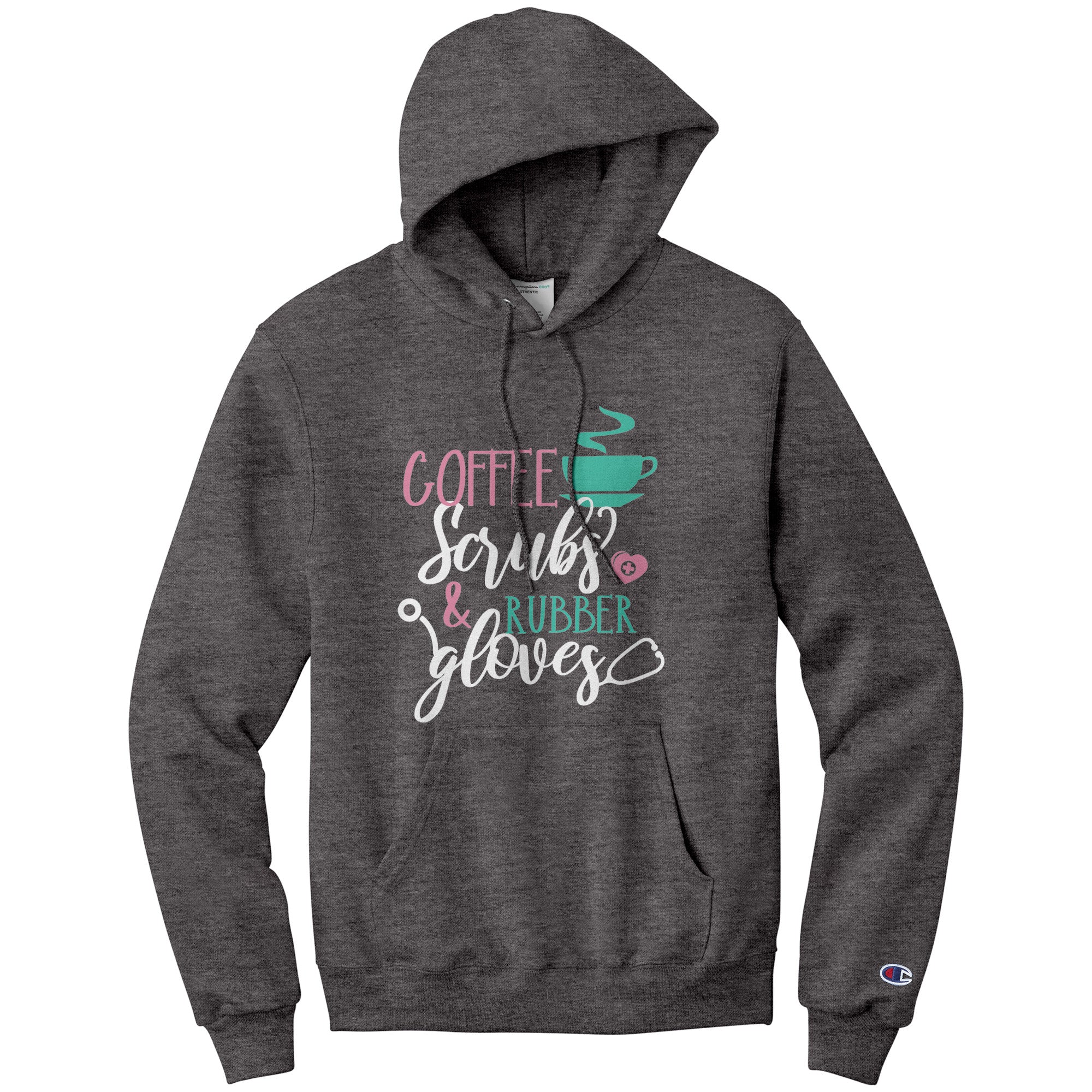 Champion Hoodie - Coffee Scrubs and Rubber Gloves with Cup and Heart Design
