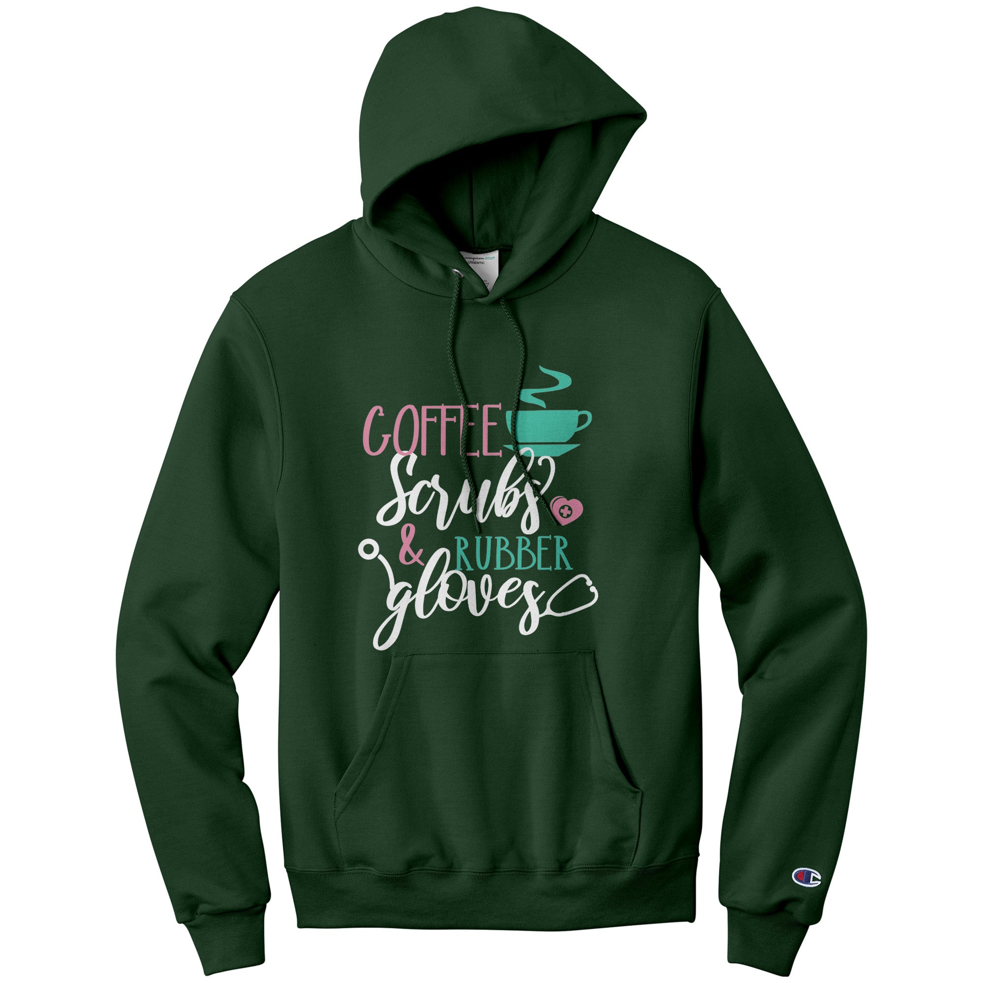 Champion Hoodie - Coffee Scrubs and Rubber Gloves with Cup and Heart Design