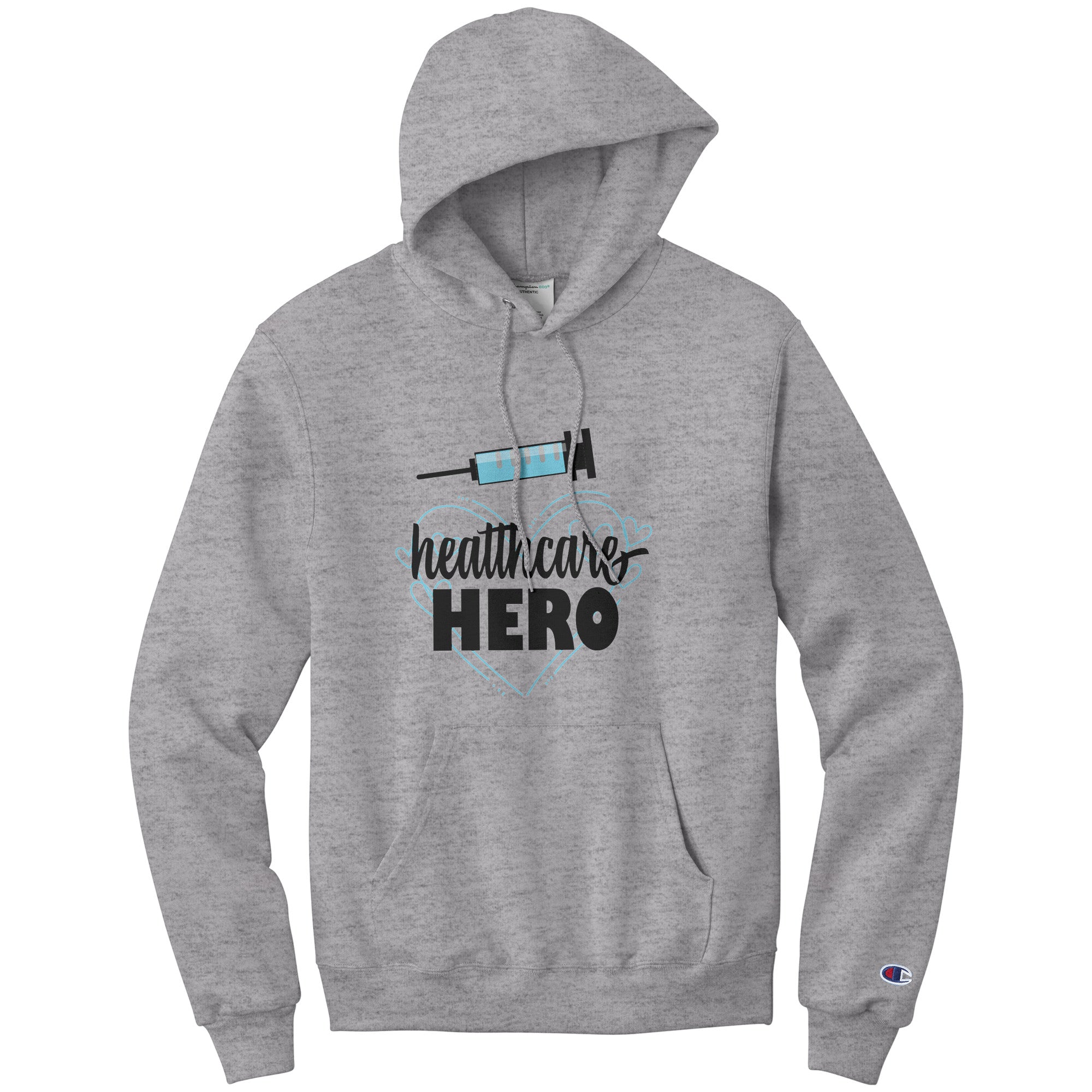 Champion Hoodie - Healthcare Hero with Light Blue Hearts and Needle Design