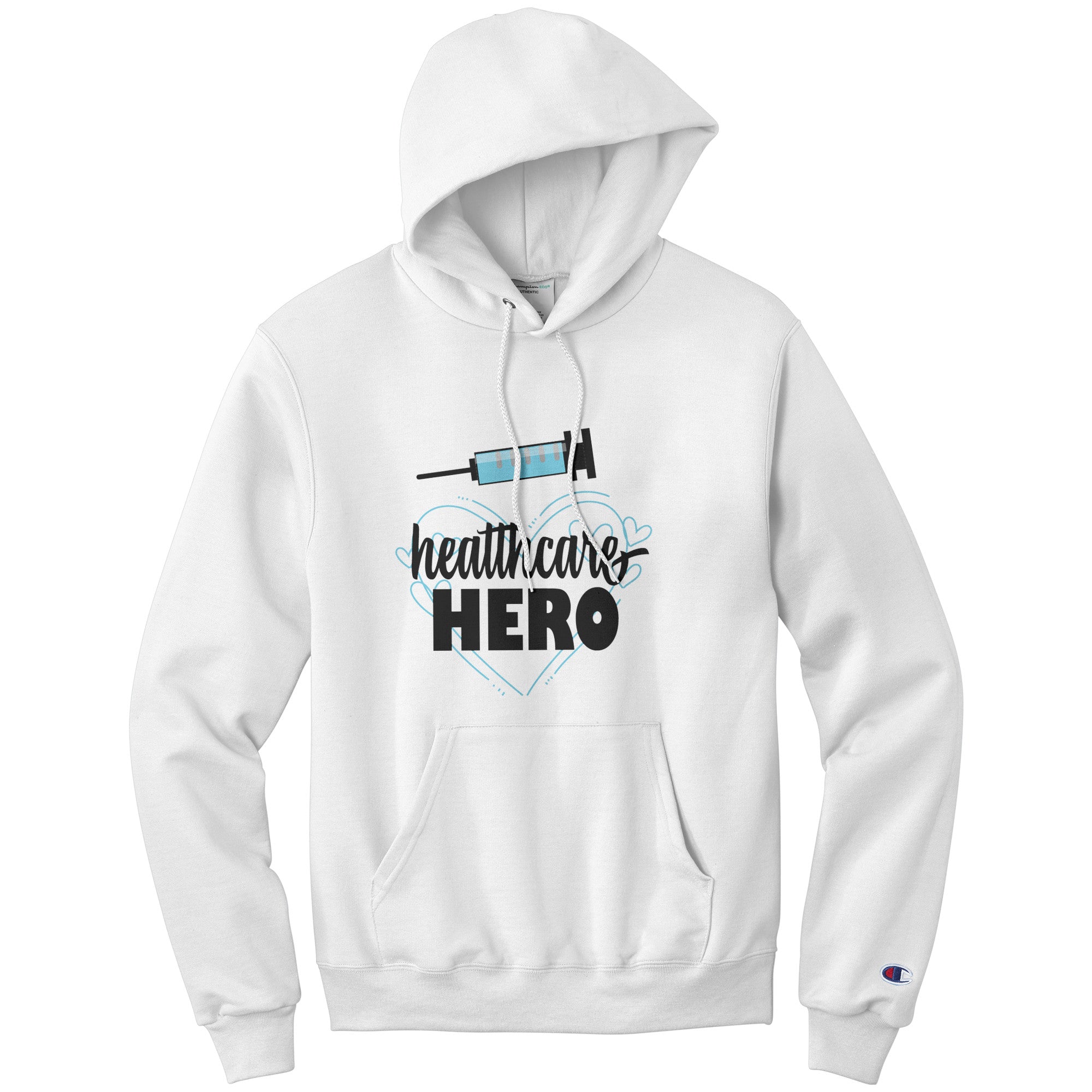 Champion Hoodie - Healthcare Hero with Light Blue Hearts and Needle Design