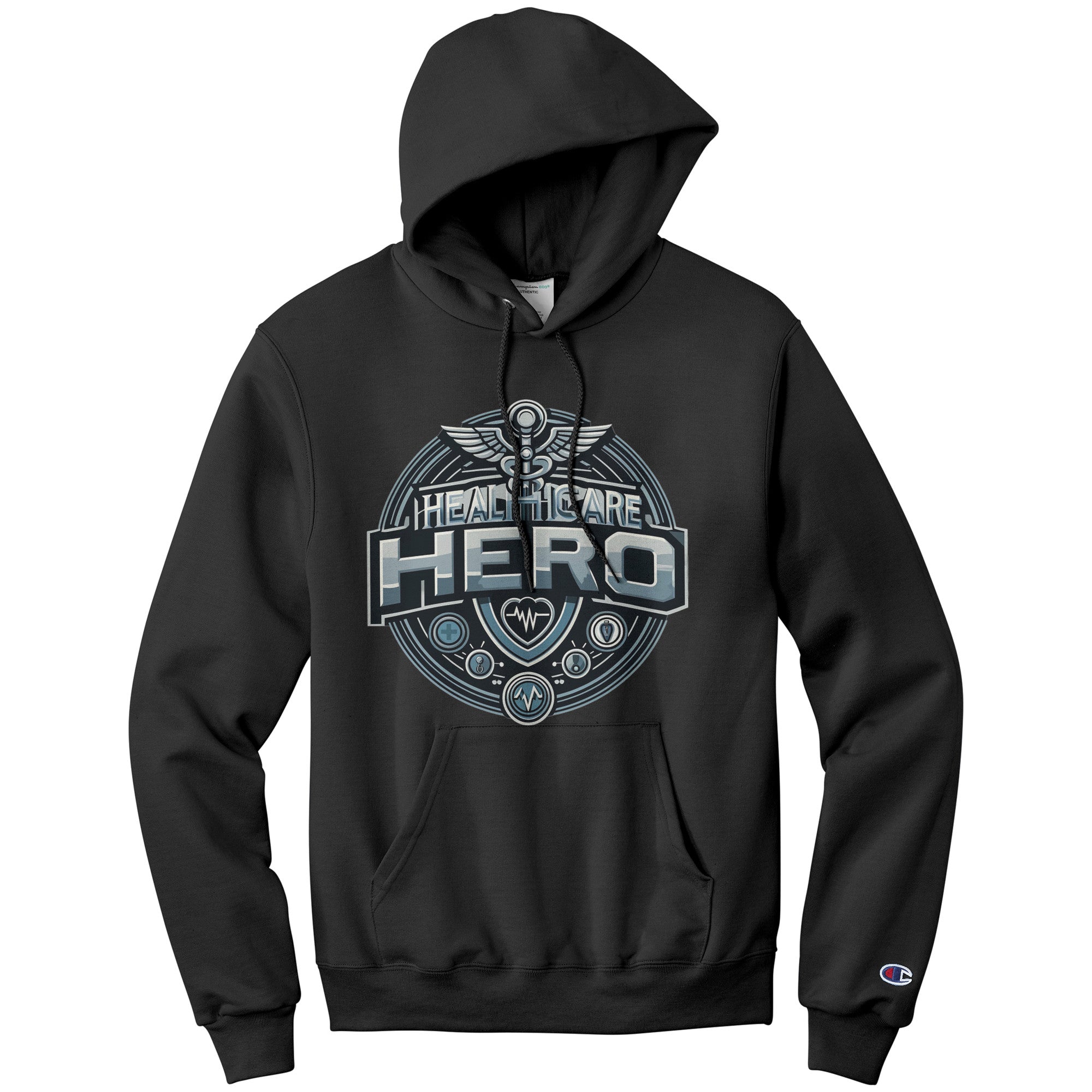 Champion Hoodie - Healthcare Hero with Medical Symbols and Heartbeat Design
