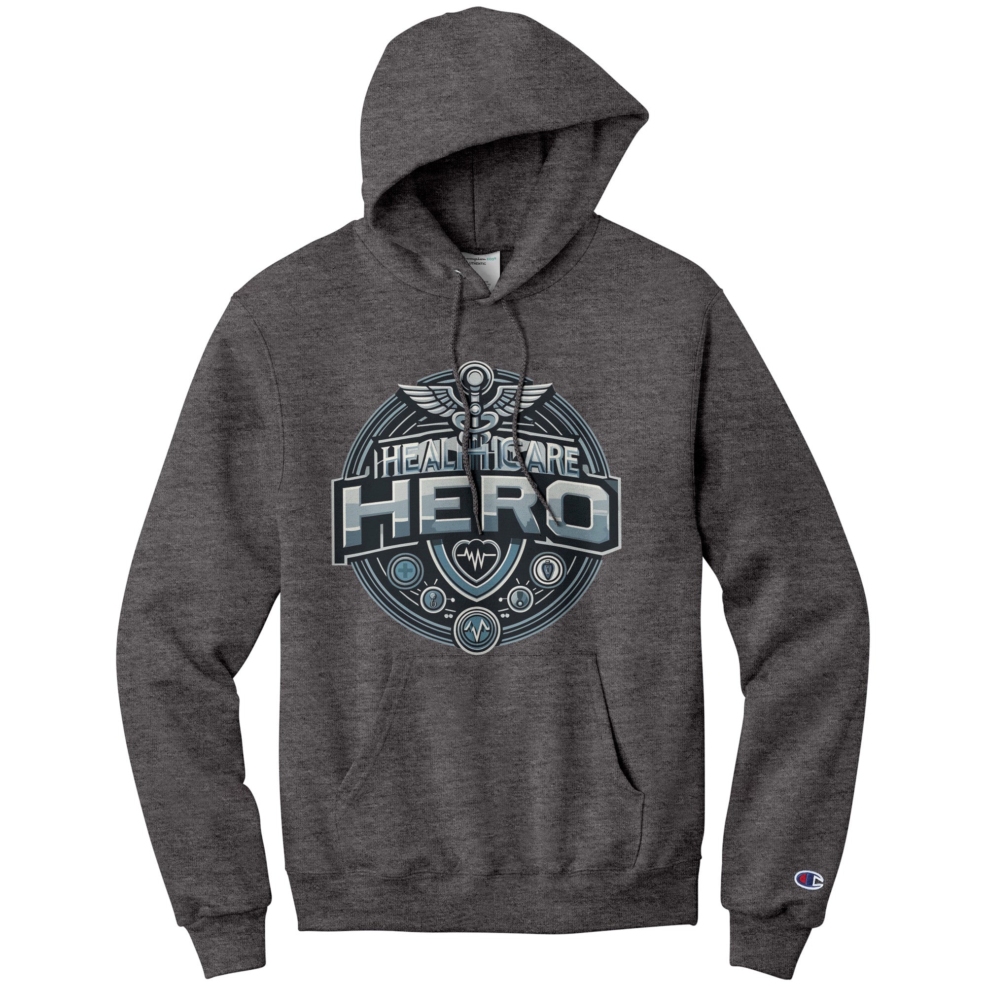 Champion Hoodie - Healthcare Hero with Medical Symbols and Heartbeat Design