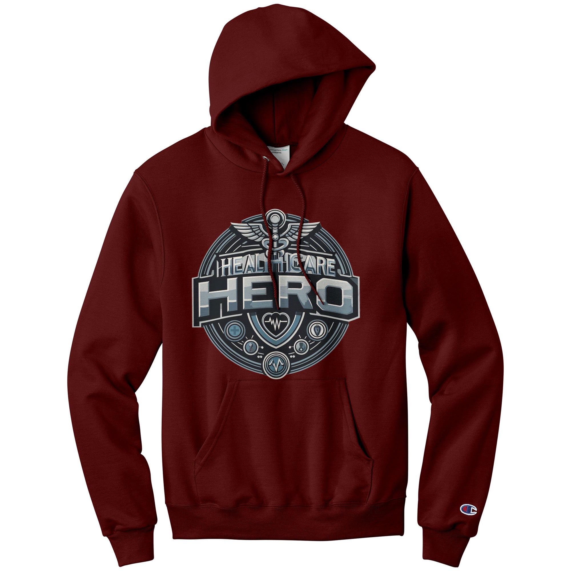 Champion Hoodie - Healthcare Hero with Medical Symbols and Heartbeat Design