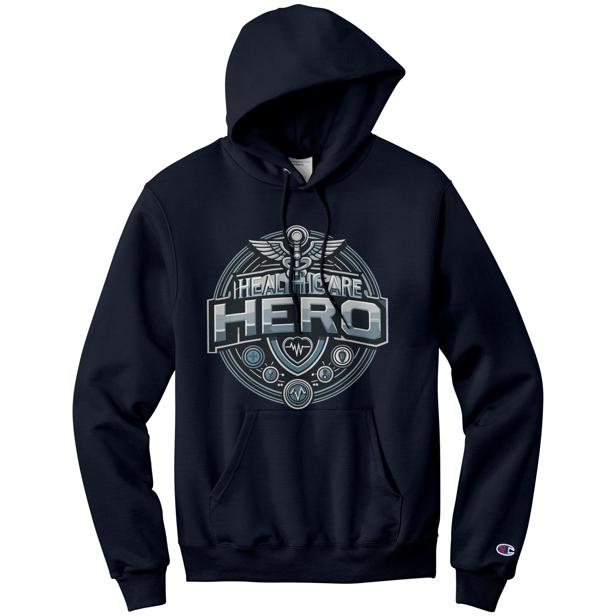 Champion Hoodie - Healthcare Hero with Medical Symbols and Heartbeat Design