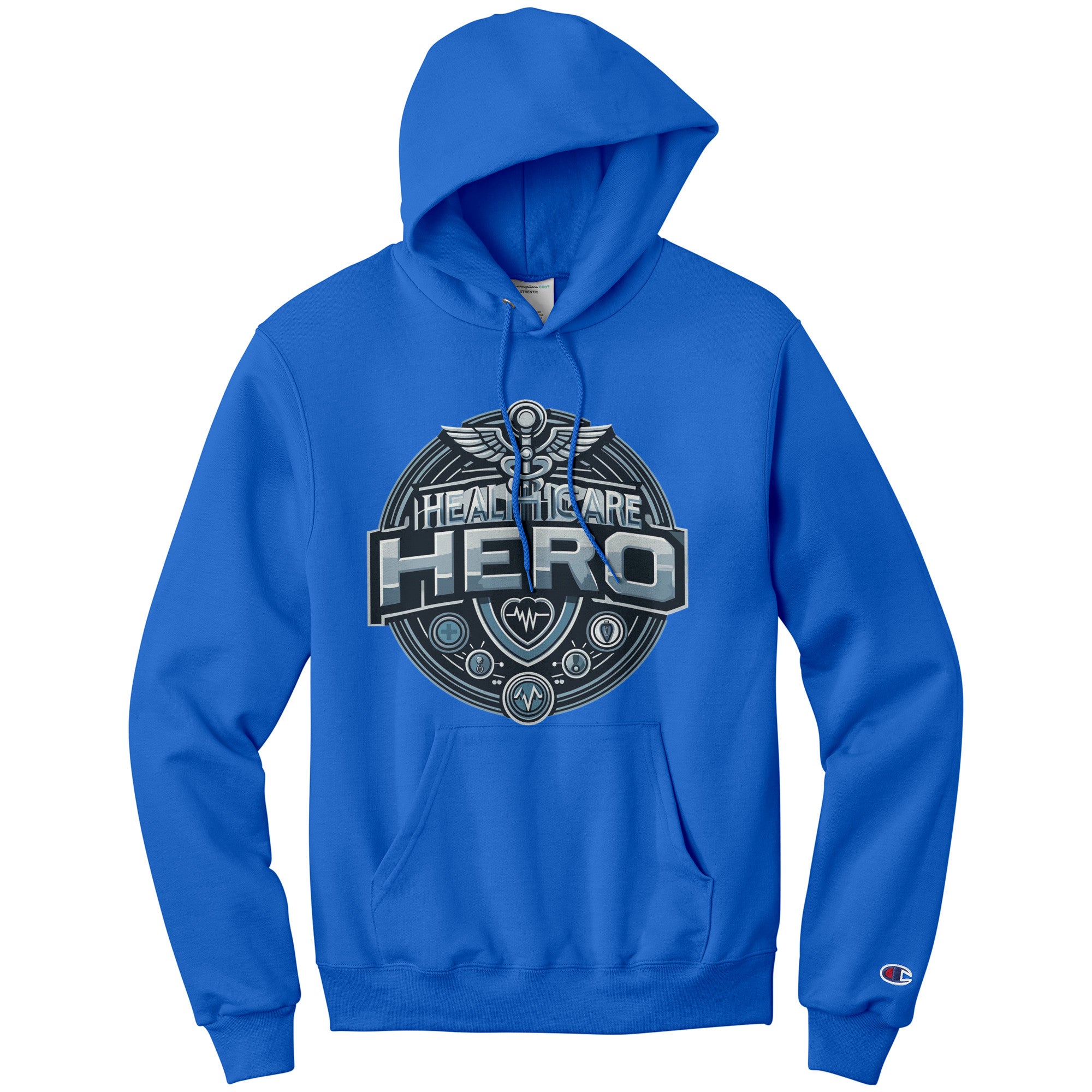 Champion Hoodie - Healthcare Hero with Medical Symbols and Heartbeat Design