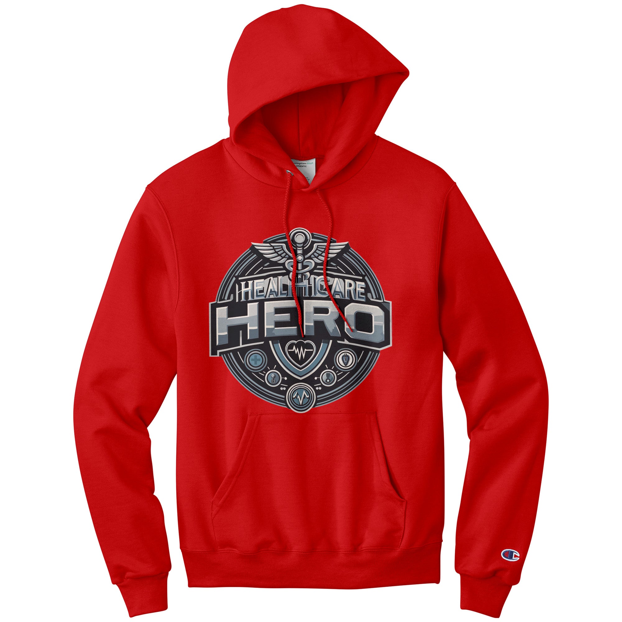 Champion Hoodie - Healthcare Hero with Medical Symbols and Heartbeat Design