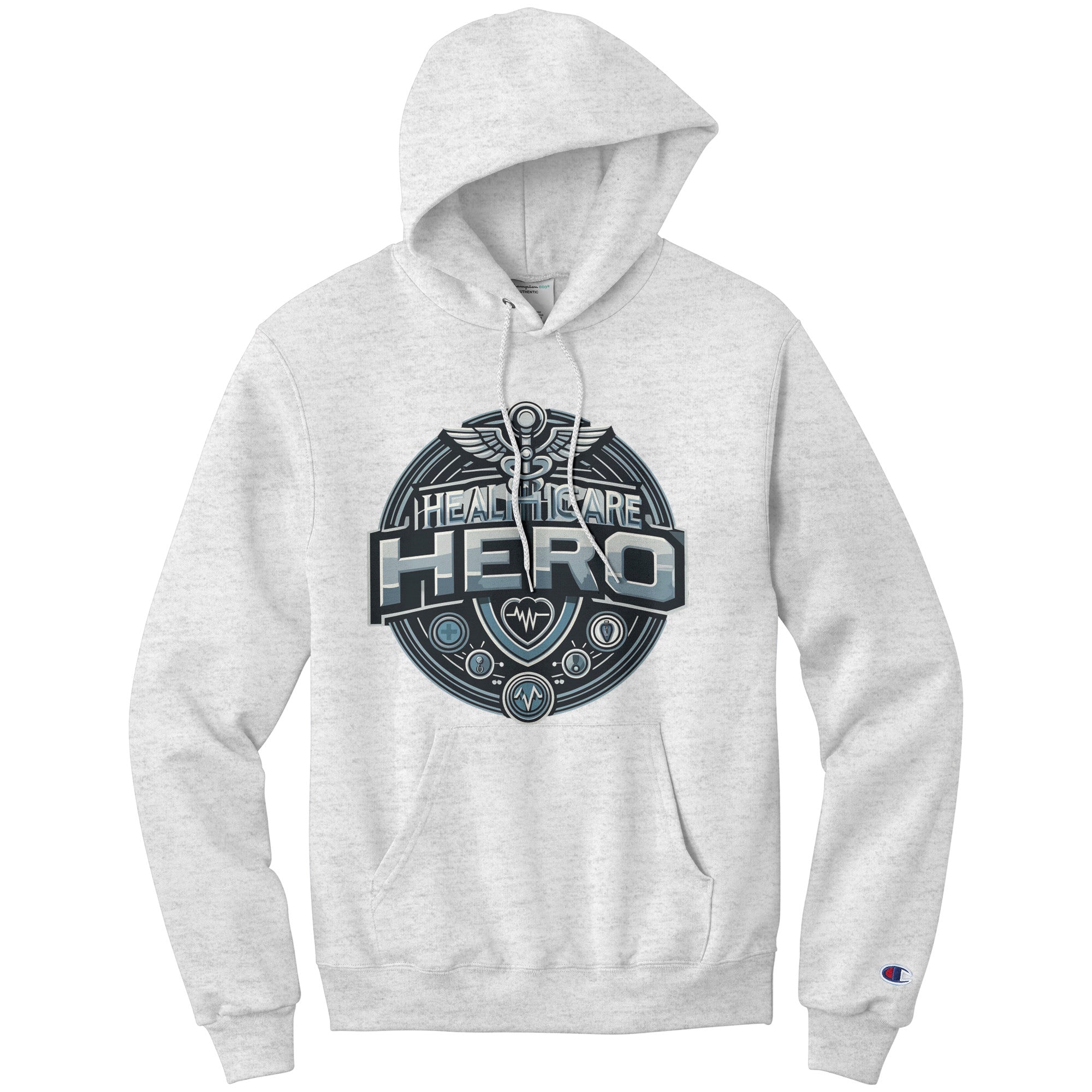 Champion Hoodie - Healthcare Hero with Medical Symbols and Heartbeat Design