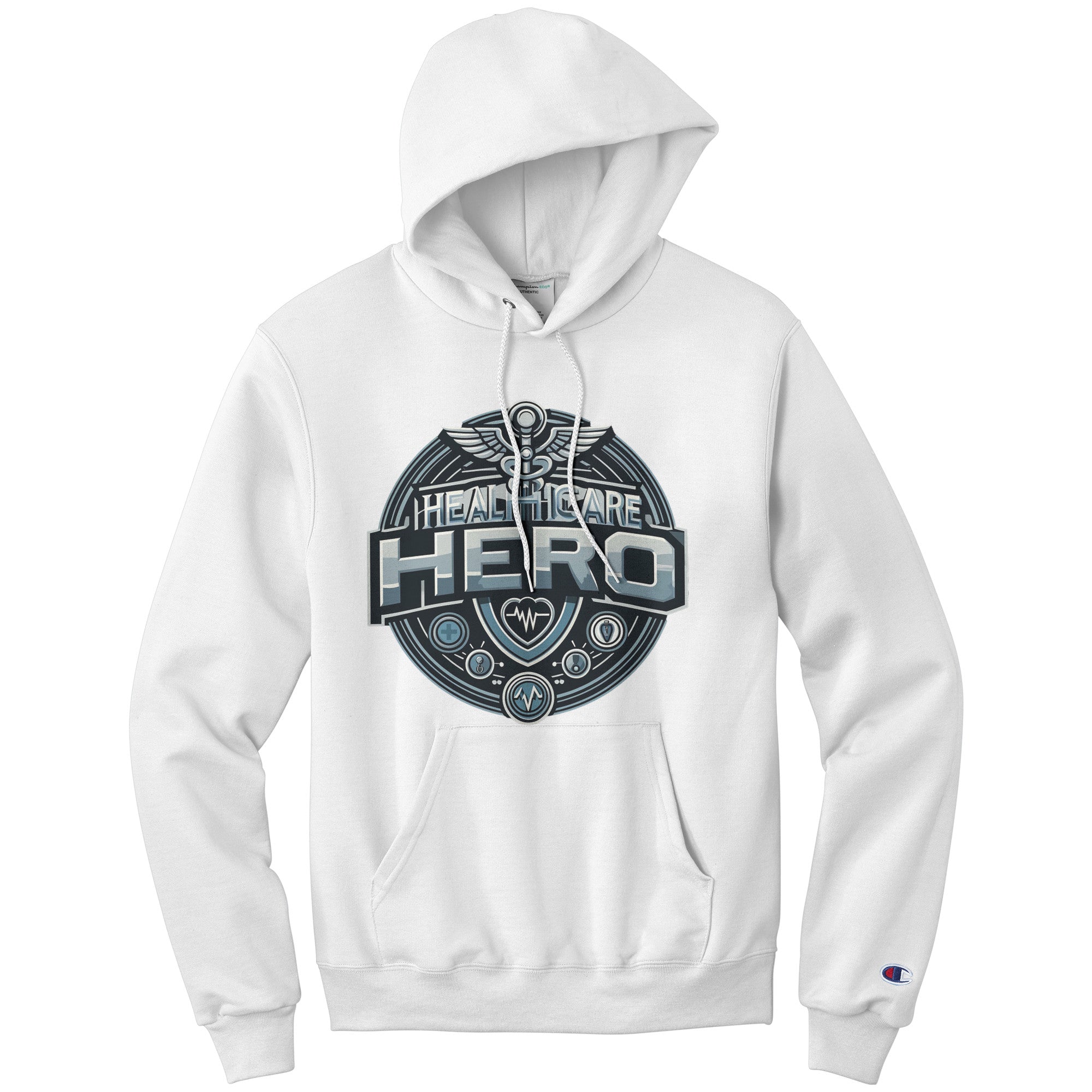 Champion Hoodie - Healthcare Hero with Medical Symbols and Heartbeat Design