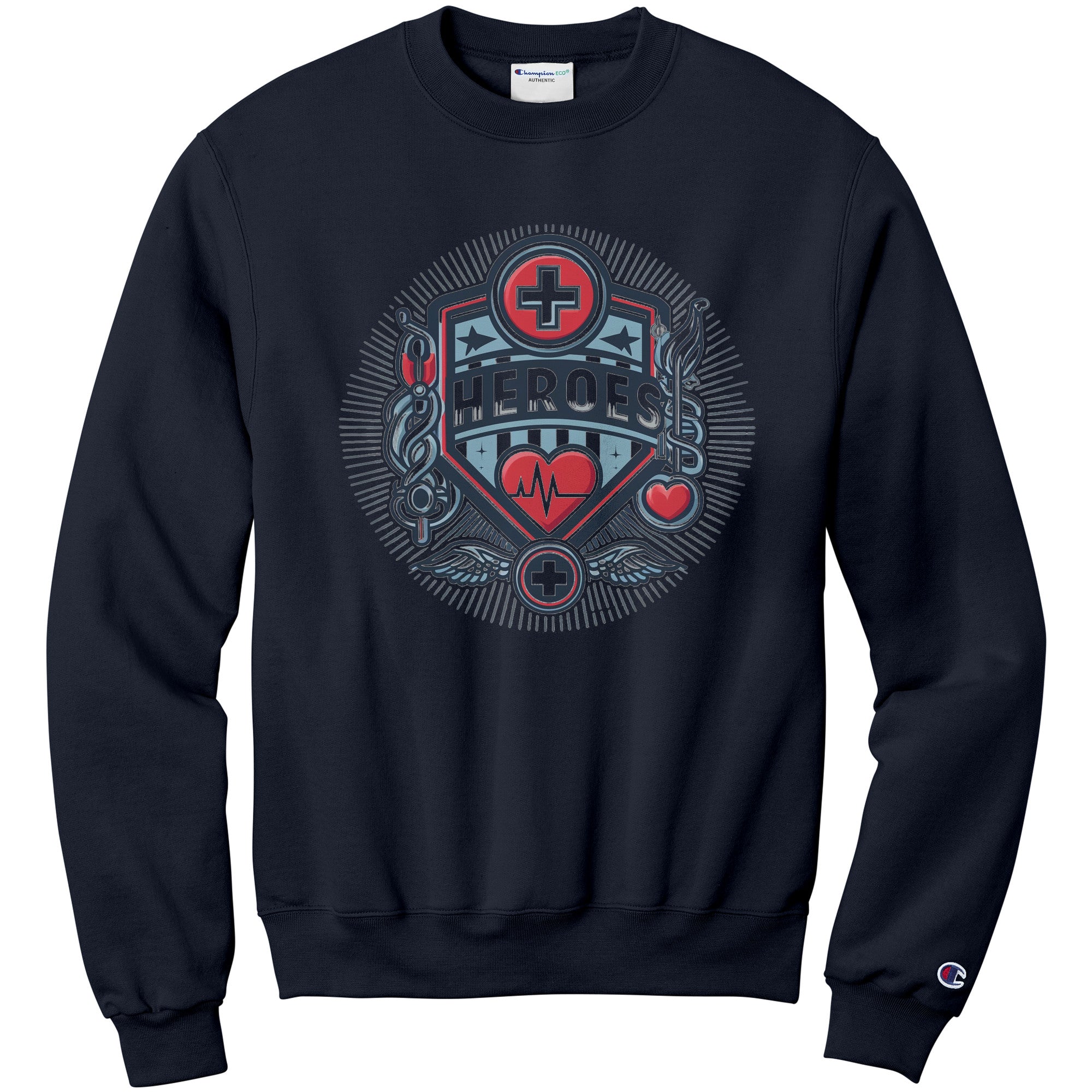 Champion Sweatshirt - Celebrating Healthcare Heroes with Medical Icons and Heartbeat Design