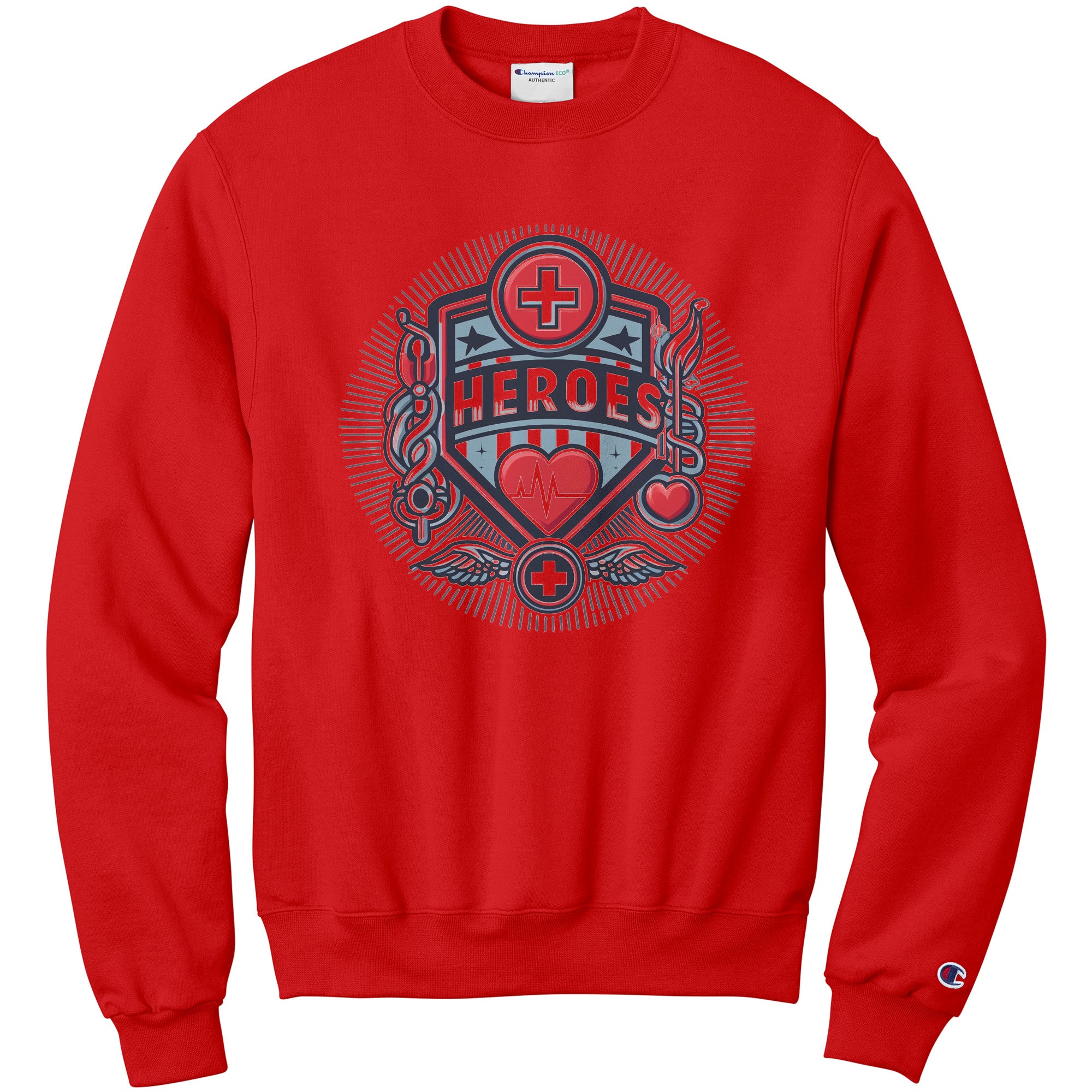 Champion Sweatshirt - Celebrating Healthcare Heroes with Medical Icons and Heartbeat Design