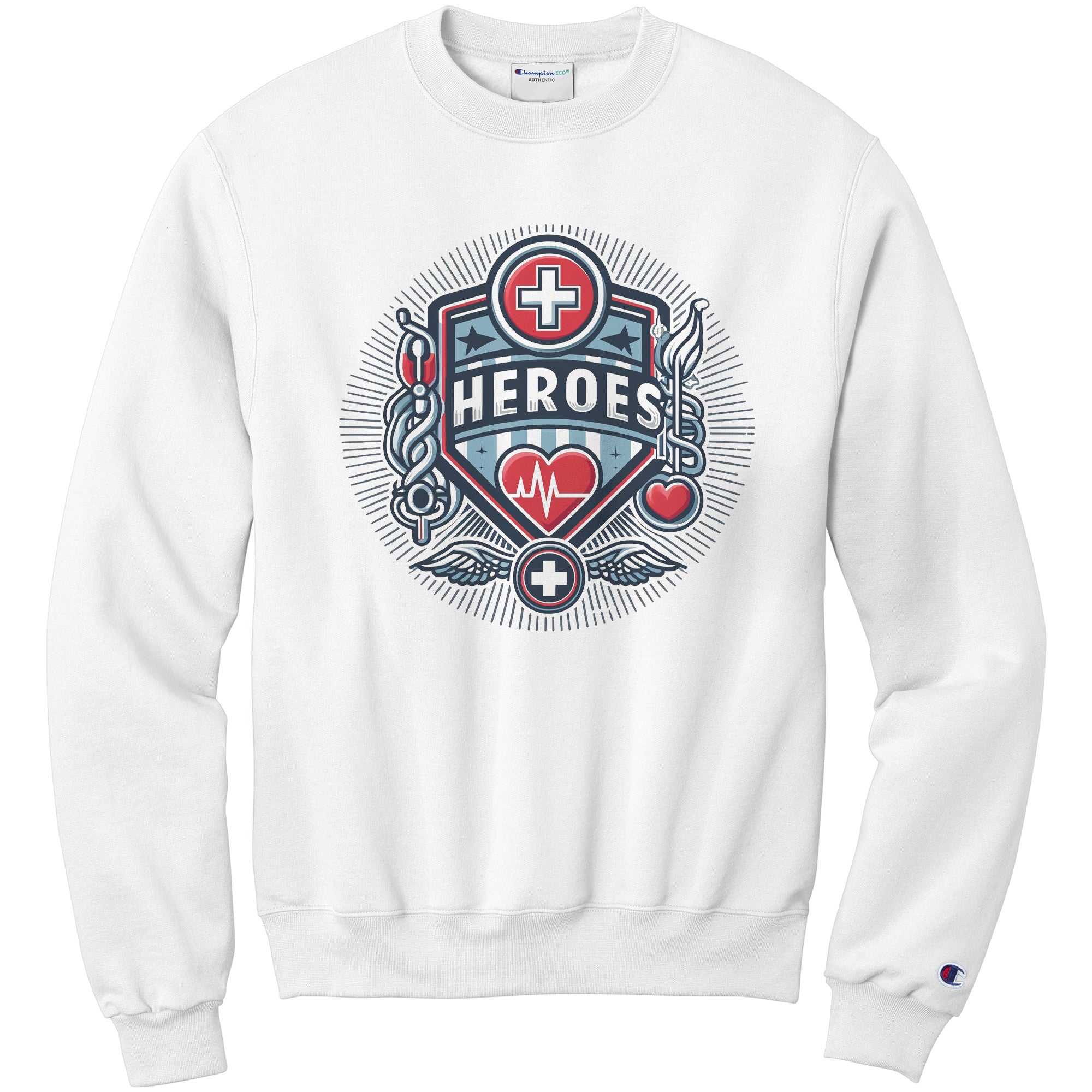 Champion Sweatshirt - Celebrating Healthcare Heroes with Medical Icons and Heartbeat Design