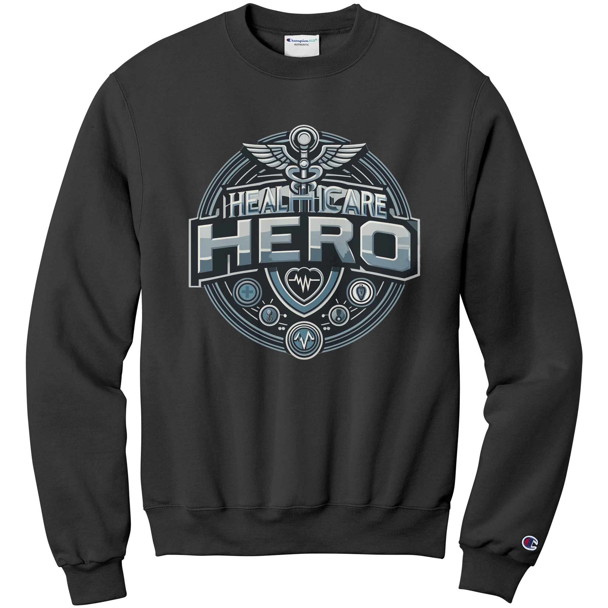Champion Sweatshirt - Healthcare Hero Design with Medical Symbols and Heartbeat