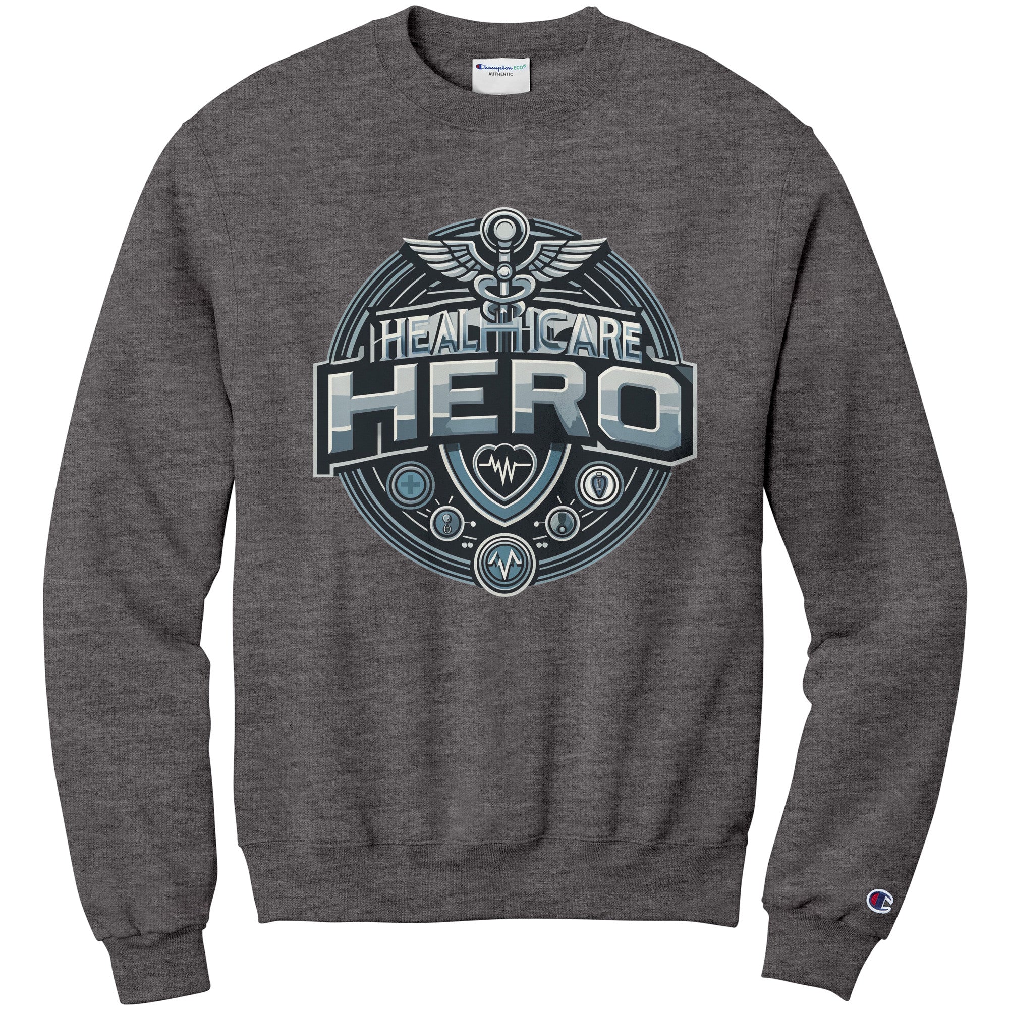 Champion Sweatshirt - Healthcare Hero Design with Medical Symbols and Heartbeat