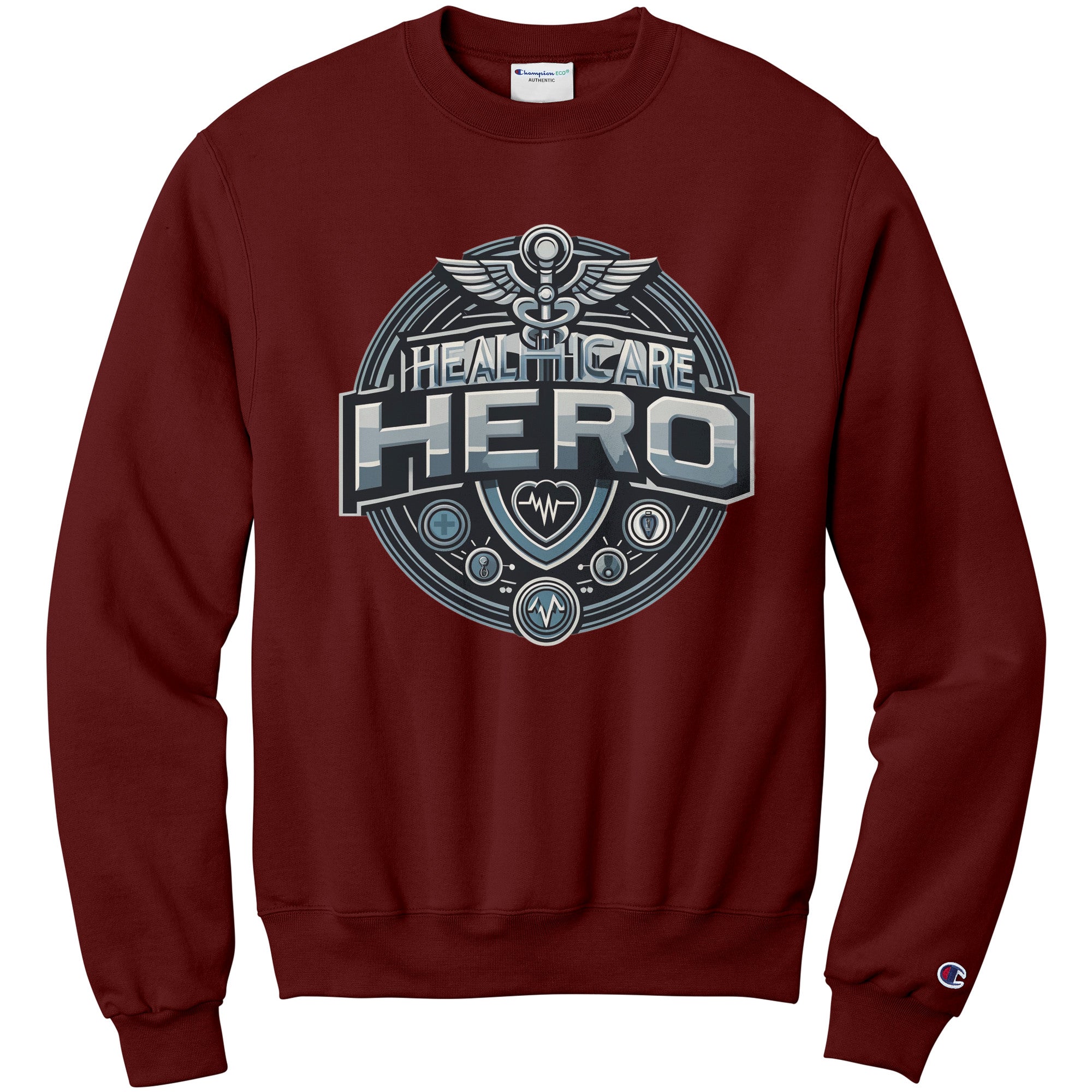 Champion Sweatshirt - Healthcare Hero Design with Medical Symbols and Heartbeat