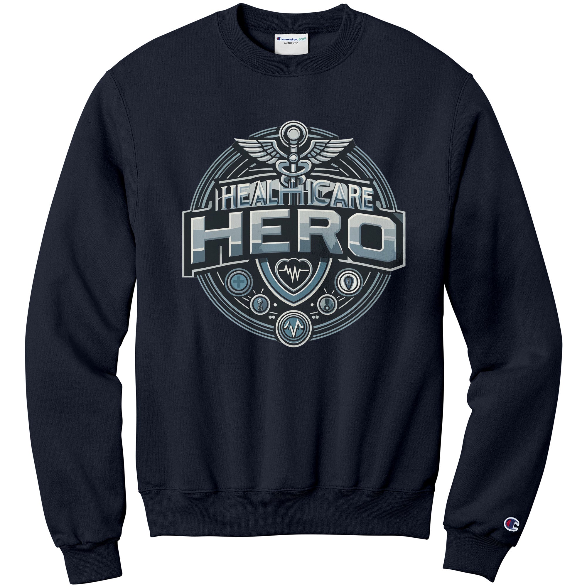 Champion Sweatshirt - Healthcare Hero Design with Medical Symbols and Heartbeat