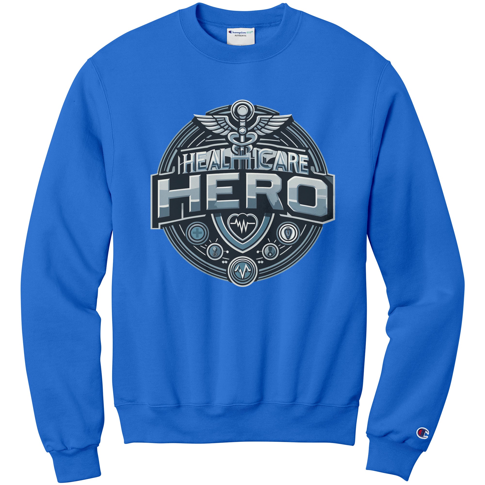 Champion Sweatshirt - Healthcare Hero Design with Medical Symbols and Heartbeat