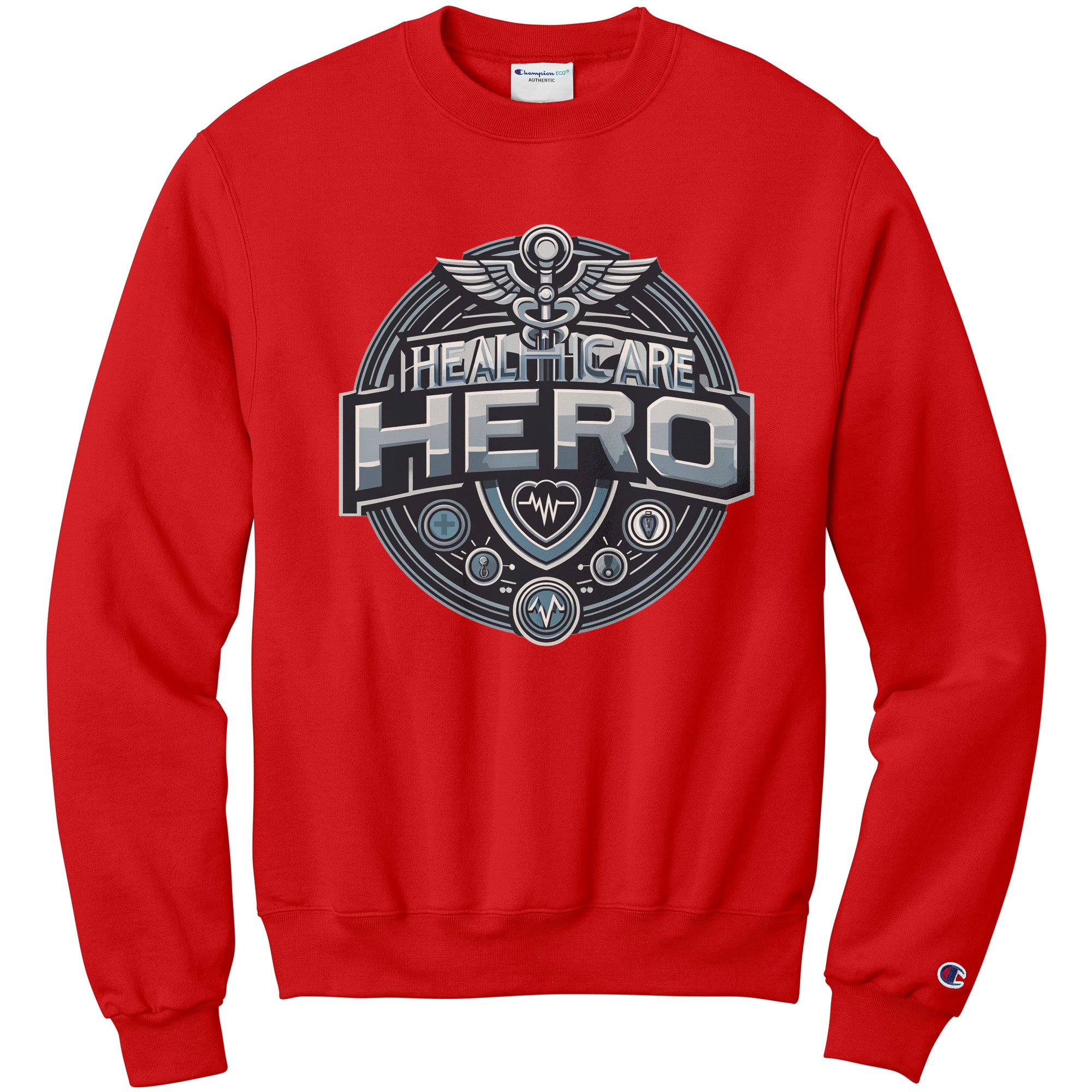 Champion Sweatshirt - Healthcare Hero Design with Medical Symbols and Heartbeat