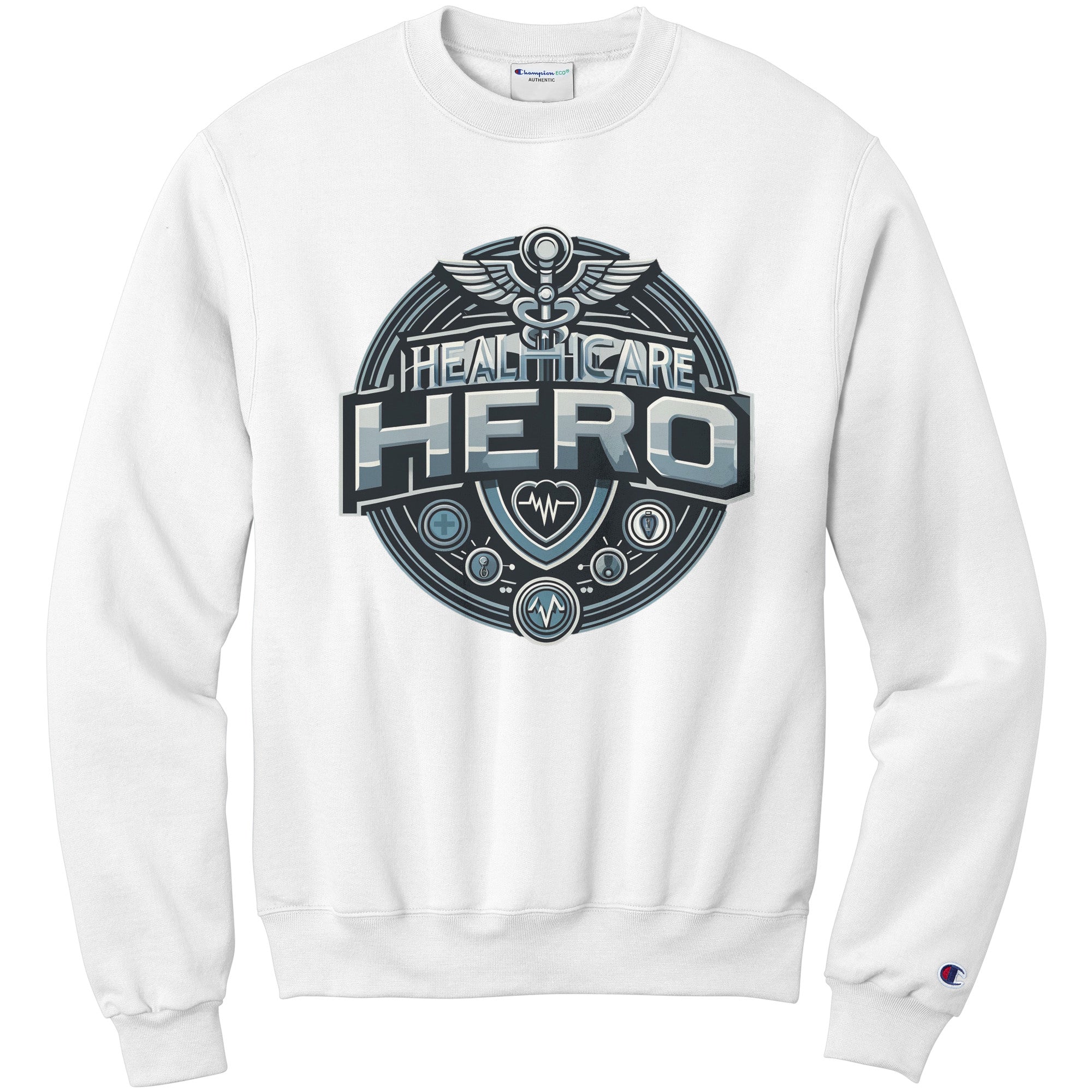 Champion Sweatshirt - Healthcare Hero Design with Medical Symbols and Heartbeat