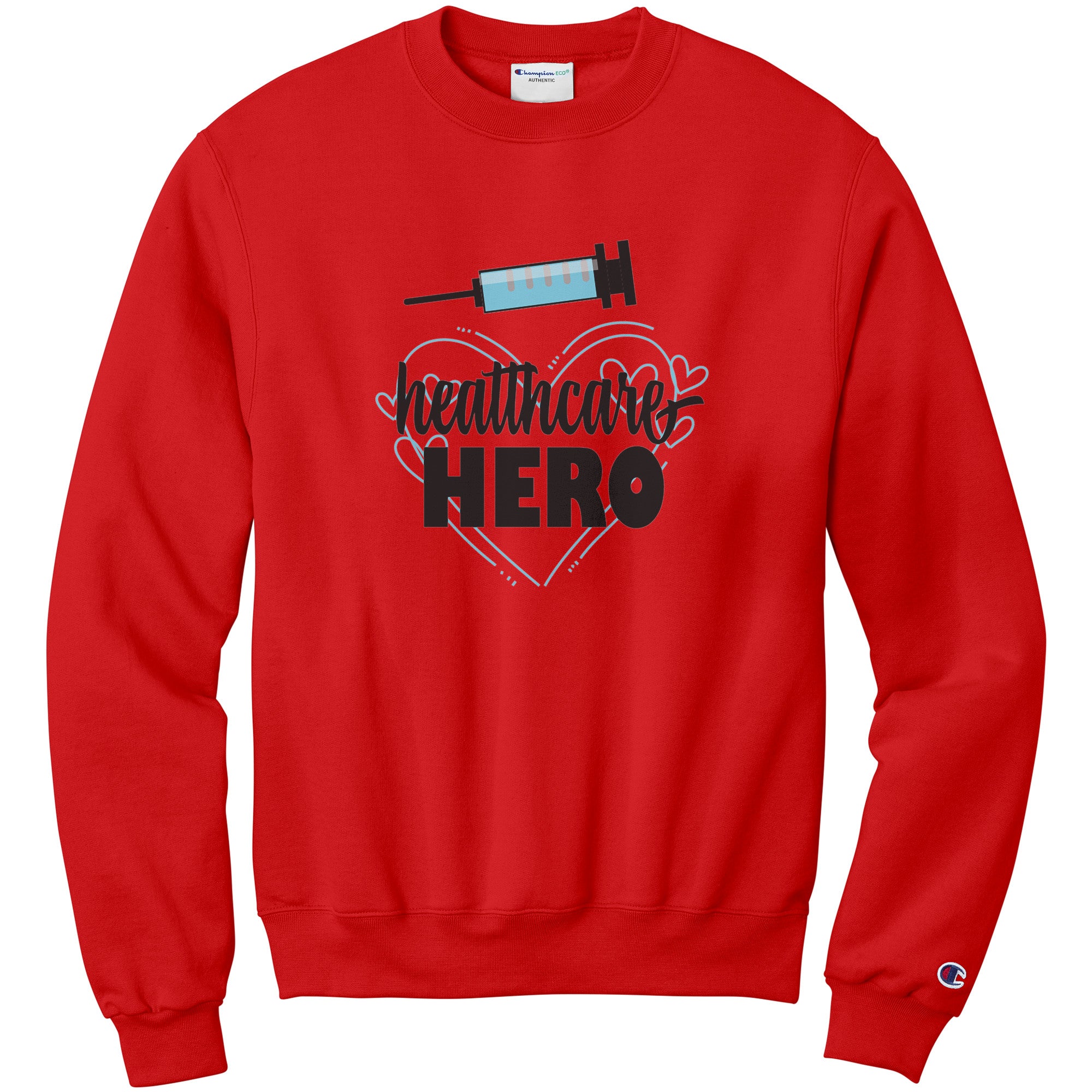Champion Sweatshirt - Healthcare Hero with Light Blue Hearts and Needle Design