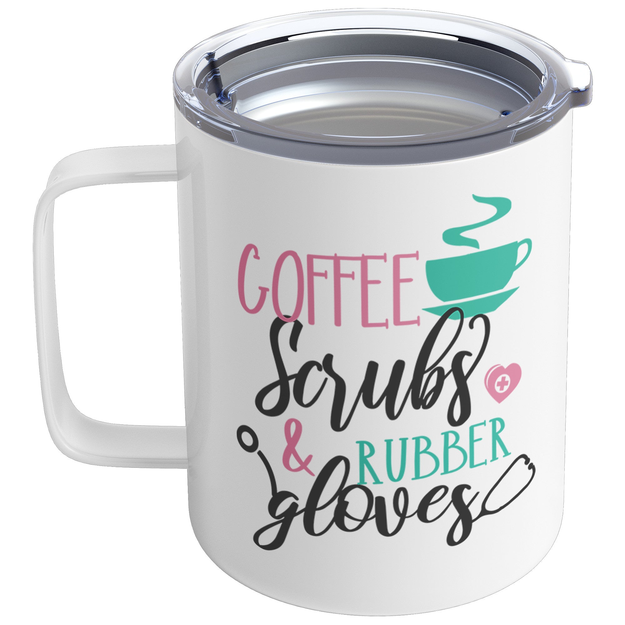 Coffee Scrubs and Rubber Gloves Design on 12oz Insulated Coffee Mug for Healthcare Heroes
