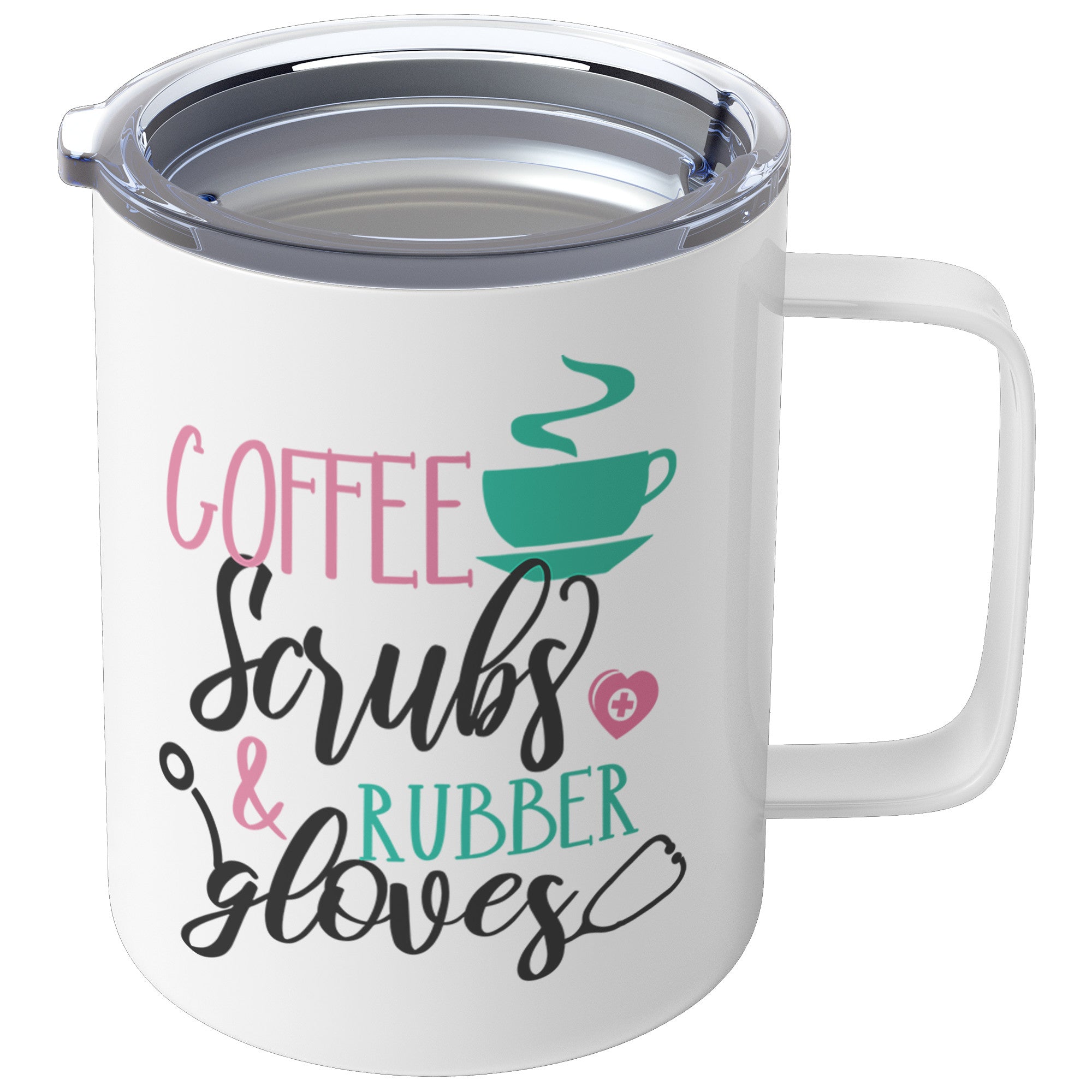 Coffee Scrubs and Rubber Gloves Design on 12oz Insulated Coffee Mug for Healthcare Heroes
