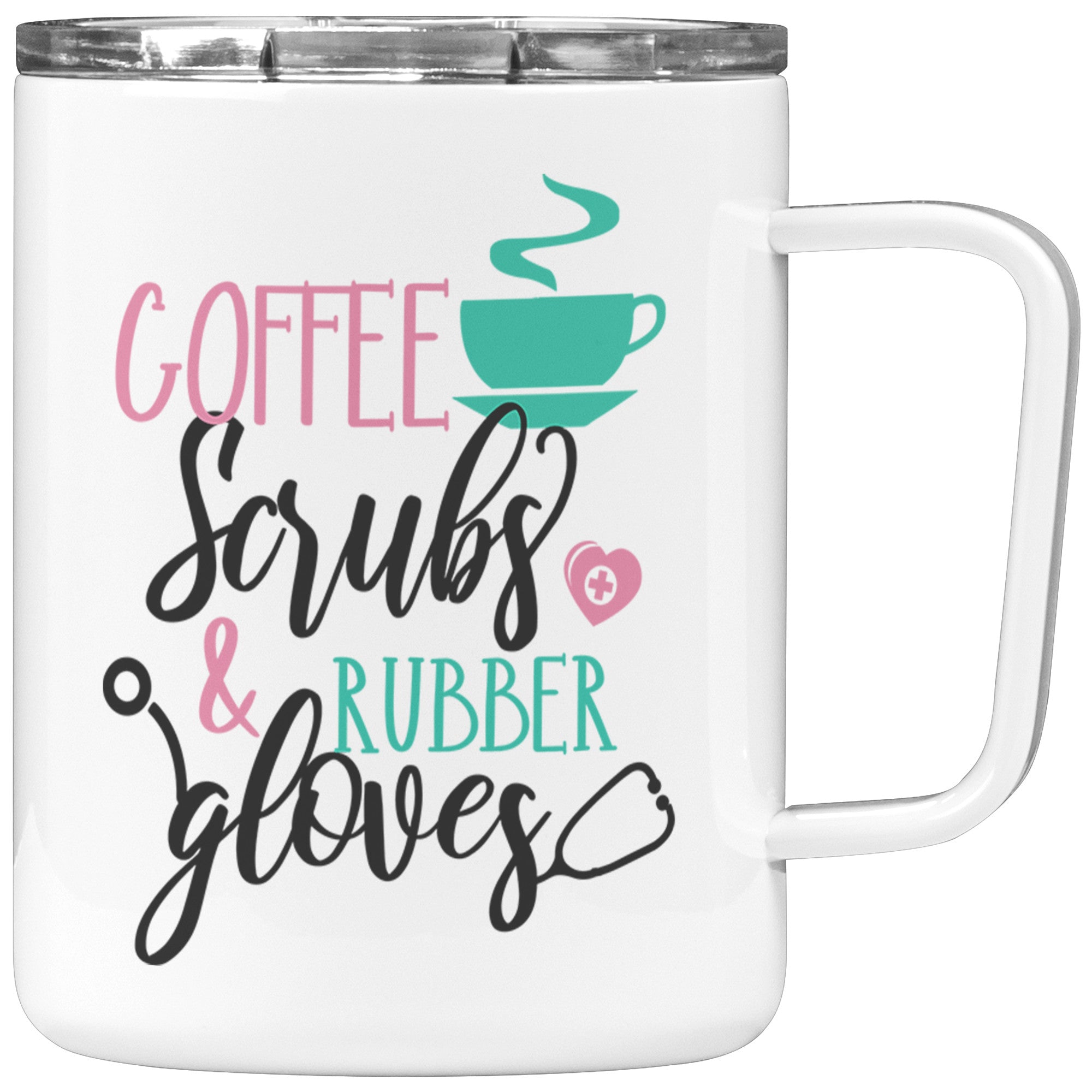 Coffee Scrubs and Rubber Gloves Design on 12oz Insulated Coffee Mug for Healthcare Heroes