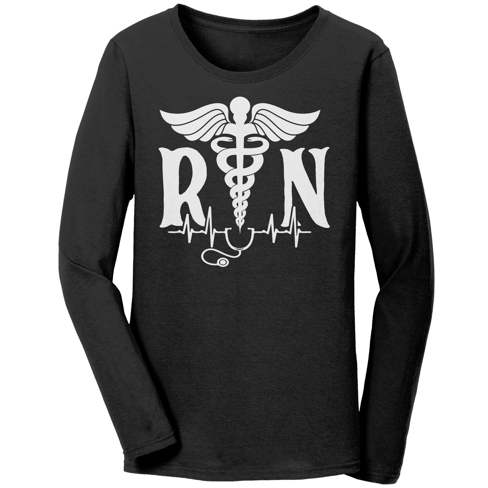 Elegant and Professional: Women's Long Sleeve Nurse T-Shirt with Medical Symbol, RN, Stethoscope, and EKG Design