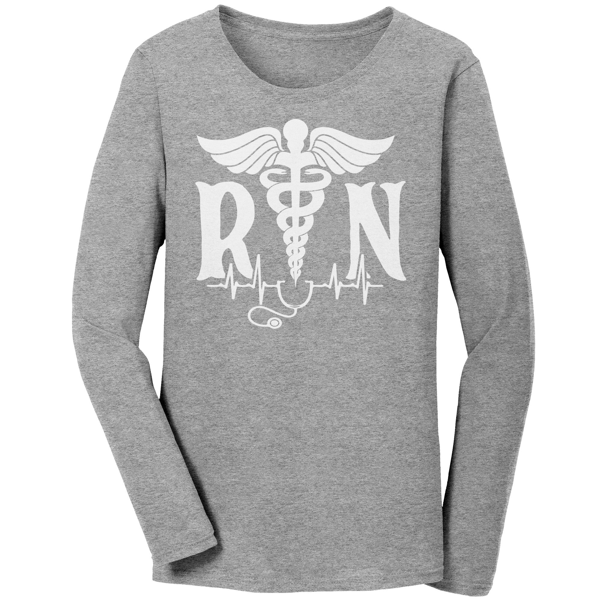 Elegant and Professional: Women's Long Sleeve Nurse T-Shirt with Medical Symbol, RN, Stethoscope, and EKG Design