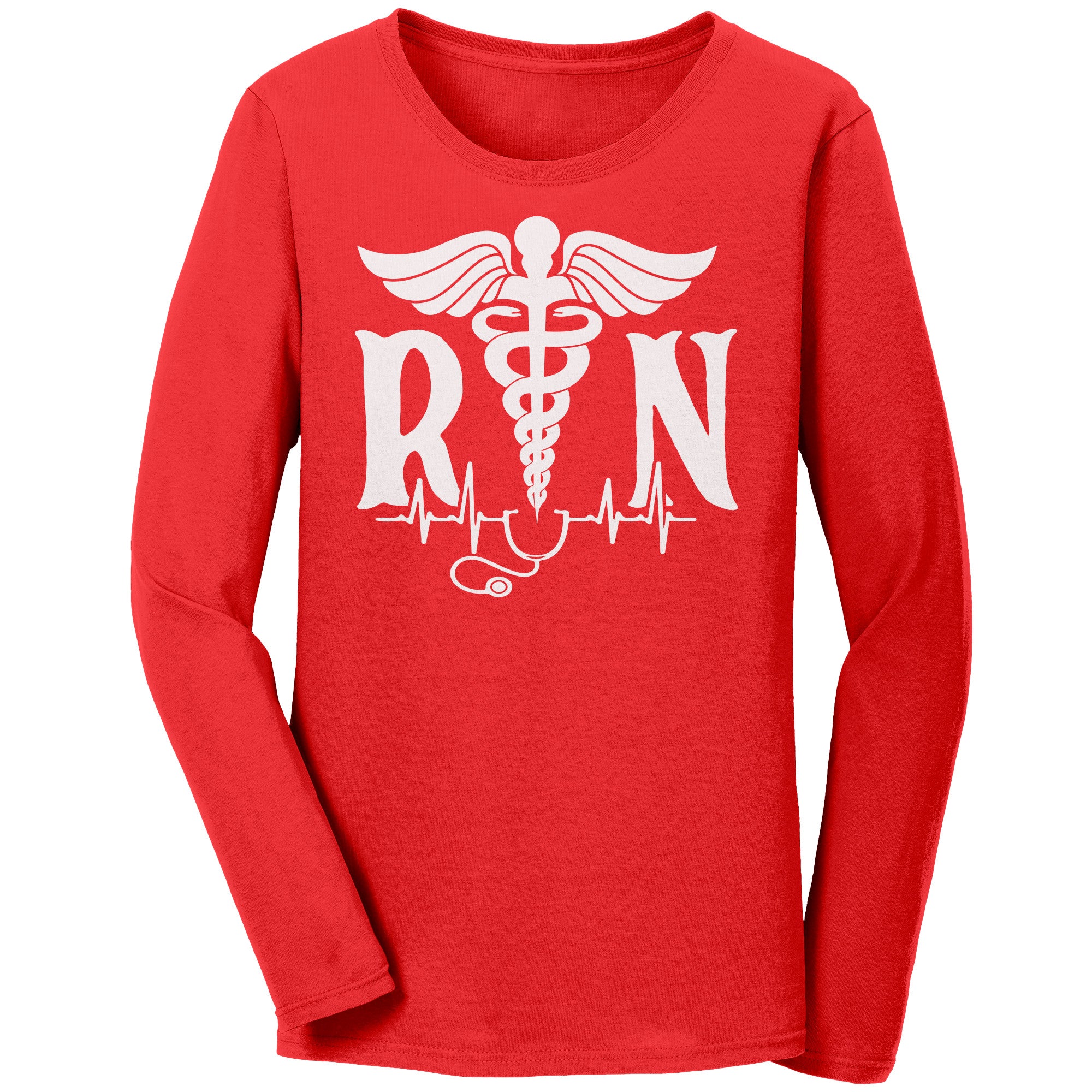 Elegant and Professional: Women's Long Sleeve Nurse T-Shirt with Medical Symbol, RN, Stethoscope, and EKG Design