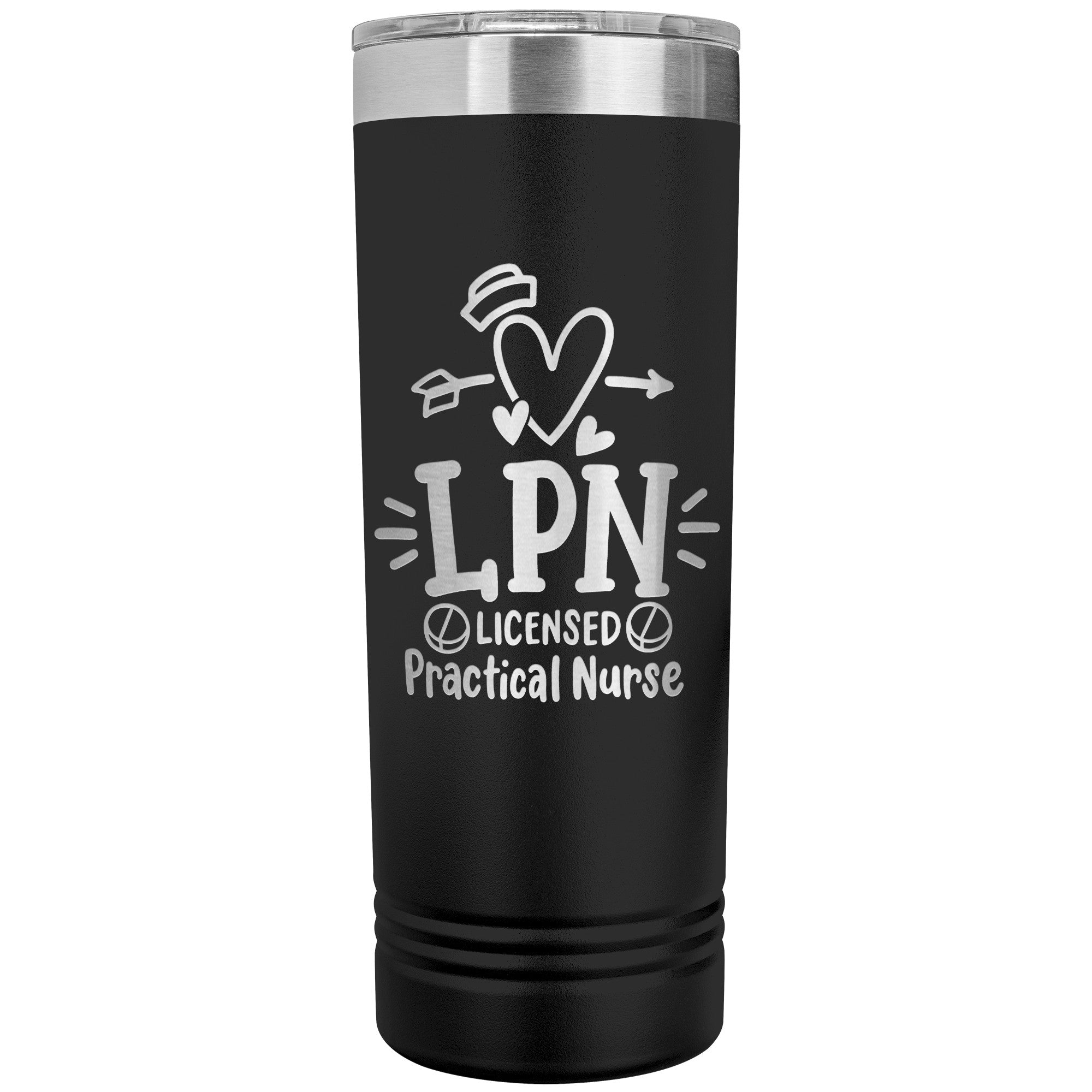 LPN Licensed Practical Nurse 22 oz Skinny Tumbler - Heart, Nurse's Cap & Pills Design, Stainless Steel Insulated Mug for Nursing Professionals