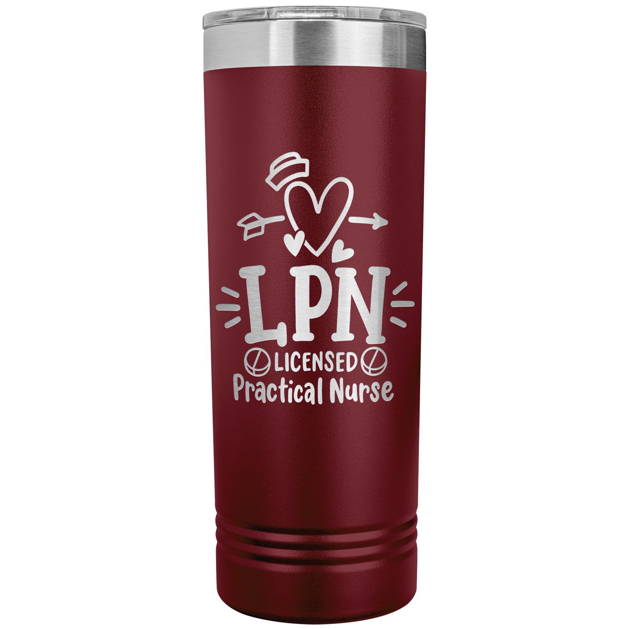 LPN Licensed Practical Nurse 22 oz Skinny Tumbler - Heart, Nurse's Cap & Pills Design, Stainless Steel Insulated Mug for Nursing Professionals