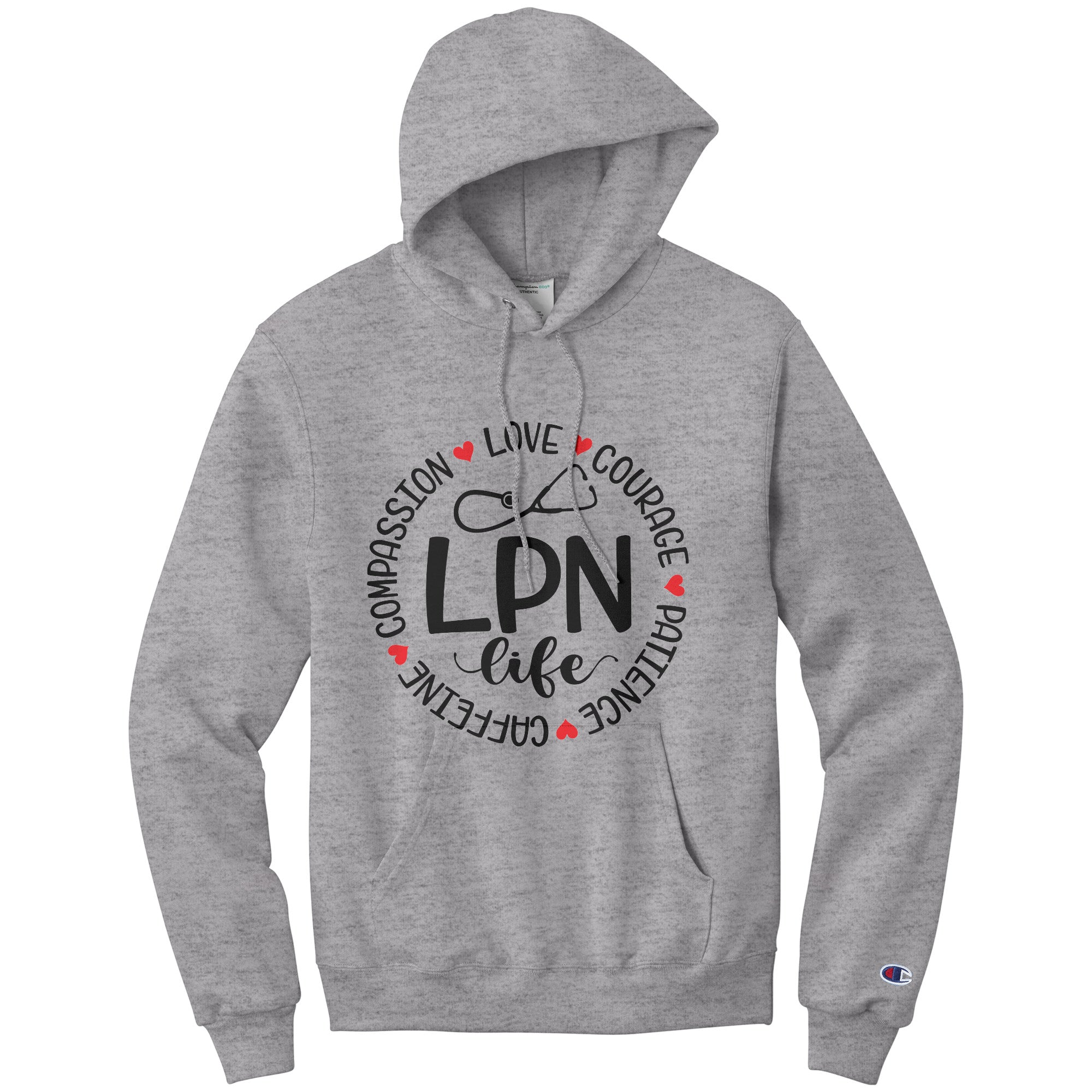 LPN Life Circle Hoodie - Compassion, Love, Courage, Patience, Caffeine, Champion Quality, Moisture-Wicking Comfort