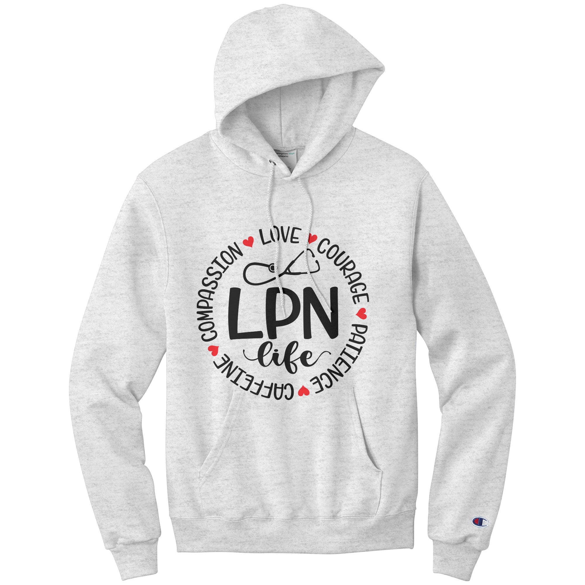 LPN Life Circle Hoodie - Compassion, Love, Courage, Patience, Caffeine, Champion Quality, Moisture-Wicking Comfort