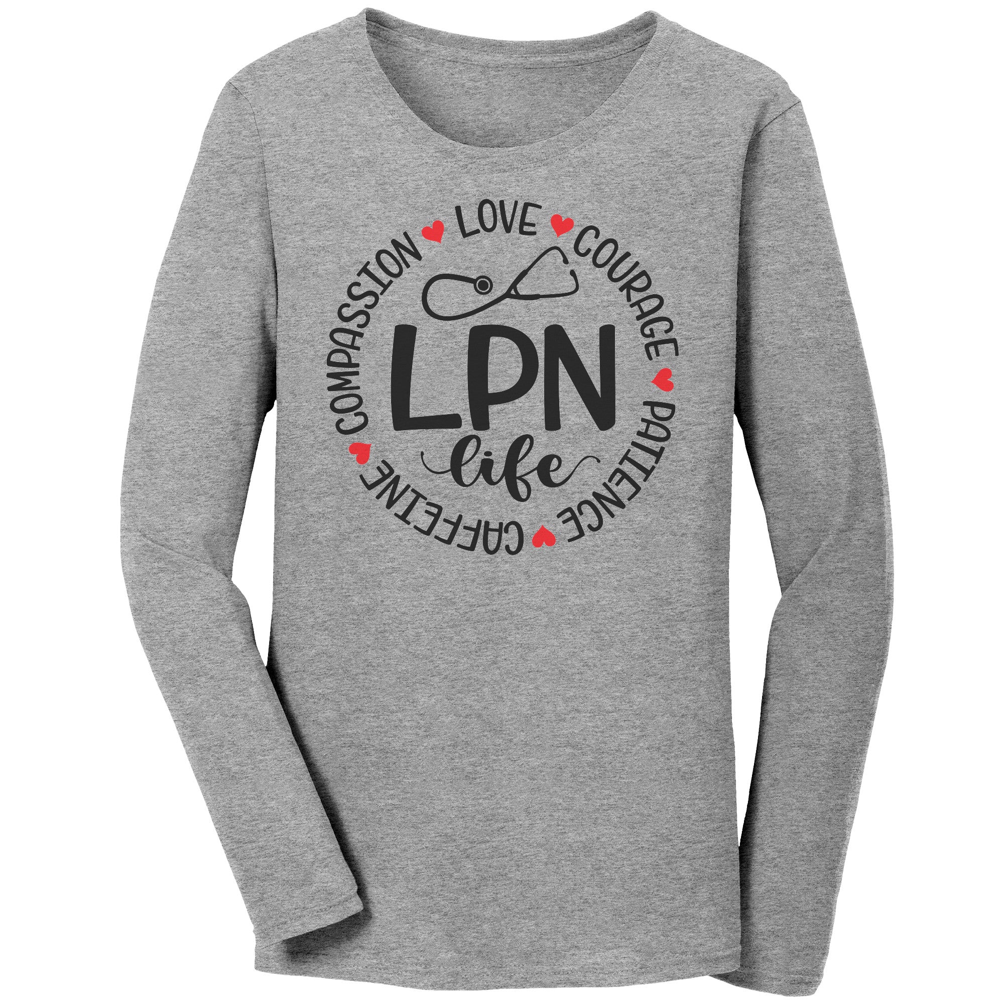 LPN Life Circle Long Sleeve Shirt - Compassion, Love, Courage, Patience, Caffeine - Cozy Cotton Tee
