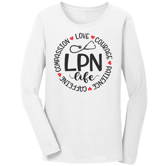 LPN Life Circle Long Sleeve Shirt - Compassion, Love, Courage, Patience, Caffeine - Cozy Cotton Tee